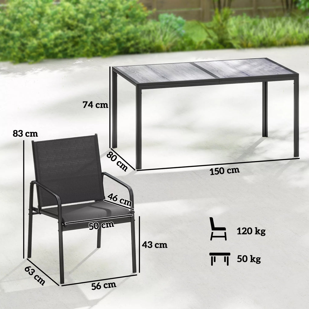 Sodo baldų komplektas Sėdimoji grupė 150 x 80 cm stalas su 6 kvėpuojančiomis kėdėmis Medžio imitacija Plieninis rėmas Juodas