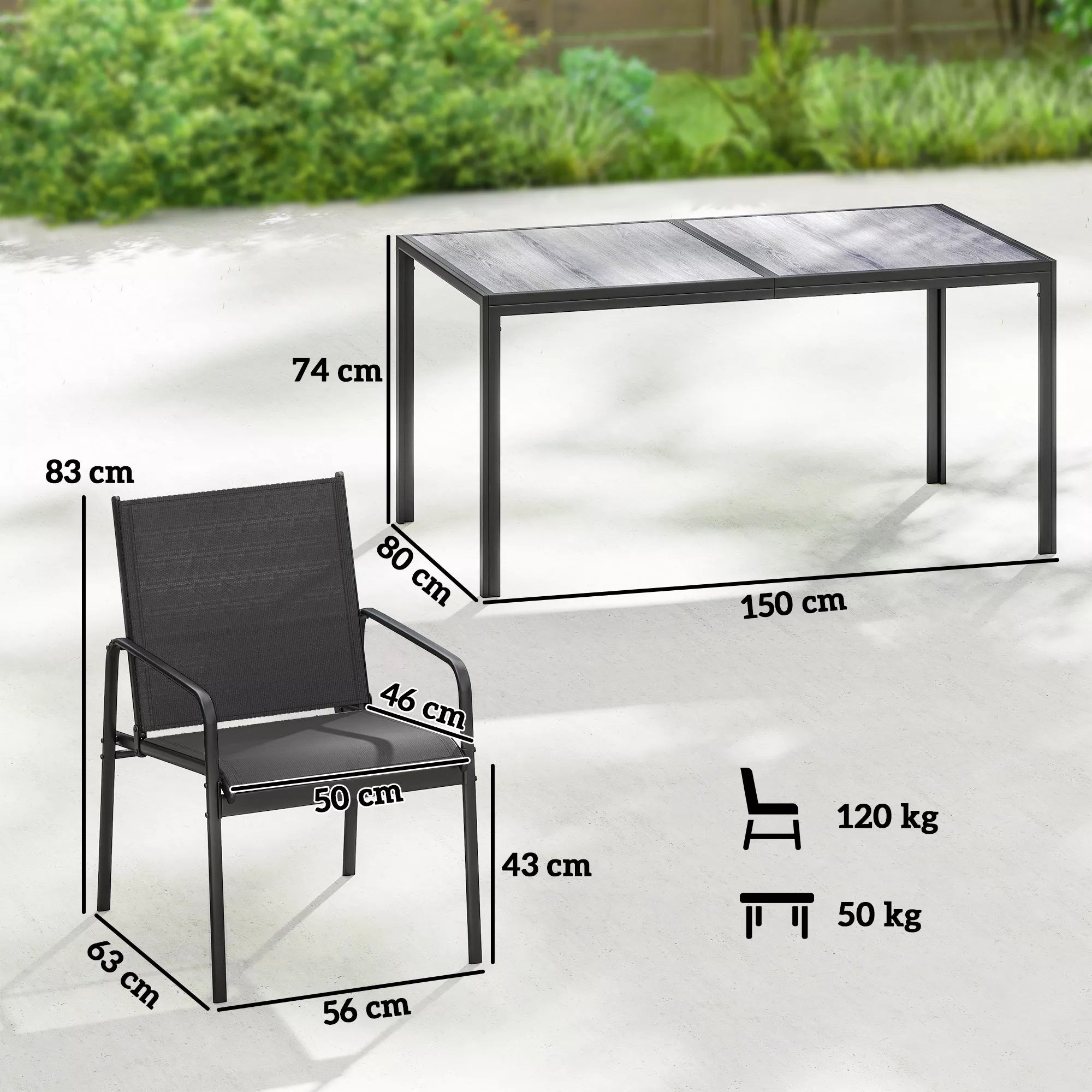 Sodo baldų komplektas Sėdimoji grupė 150 x 80 cm stalas su 6 kvėpuojančiomis kėdėmis Medžio imitacija Plieninis rėmas Juodas