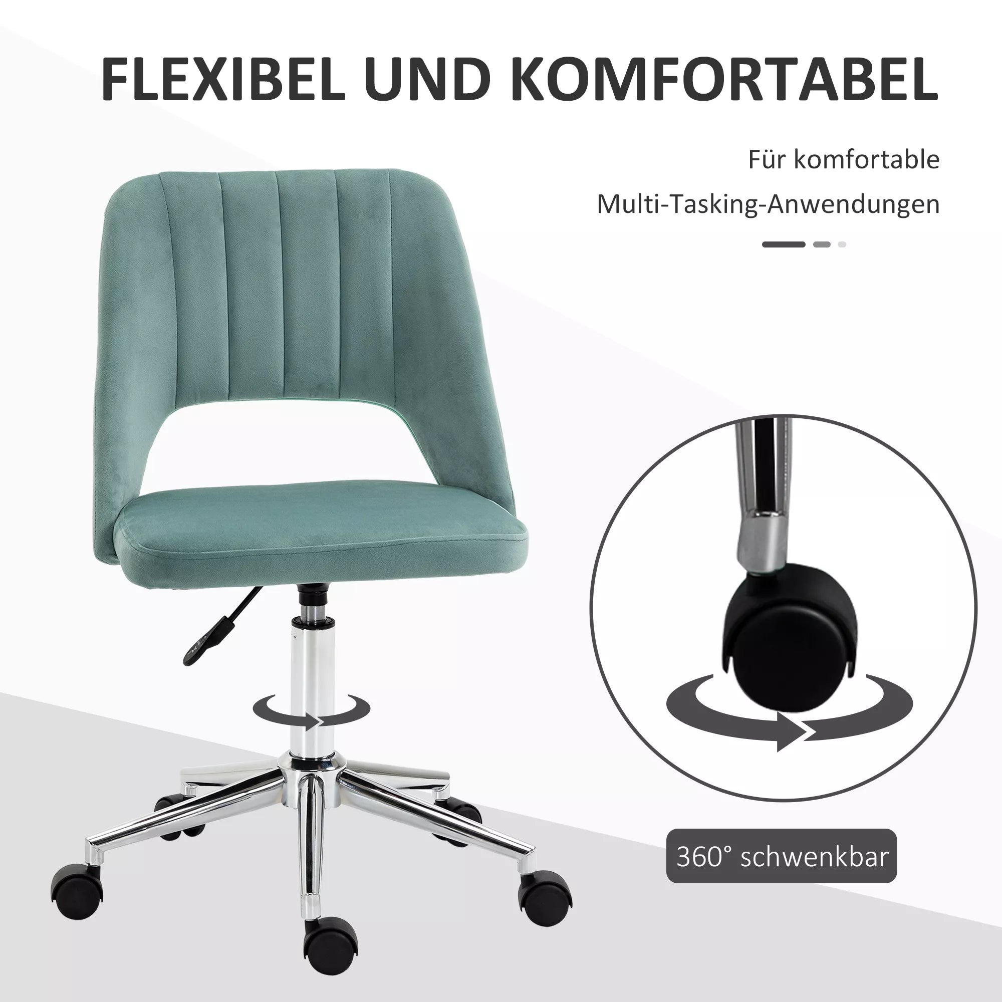 Aukščio reguliuojama rašomojo stalo kėdė su ratukais, pasukama 360°, kriauklės formos, putplastis, 49 x 60 x 79–91 cm, žalia