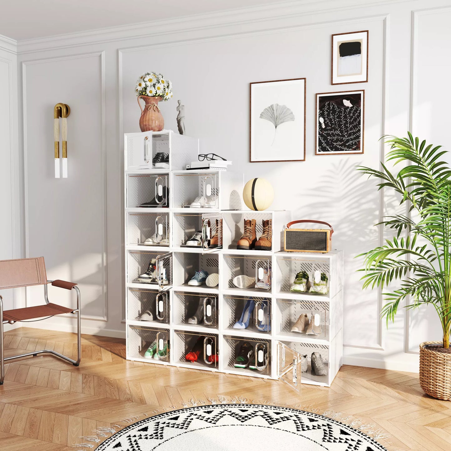 8 dalių batų lentyna, sukraunamos batų dėžės batams iki 46 dydžio, magnetinės durys, plastikas, 28 x 36 x 21 cm