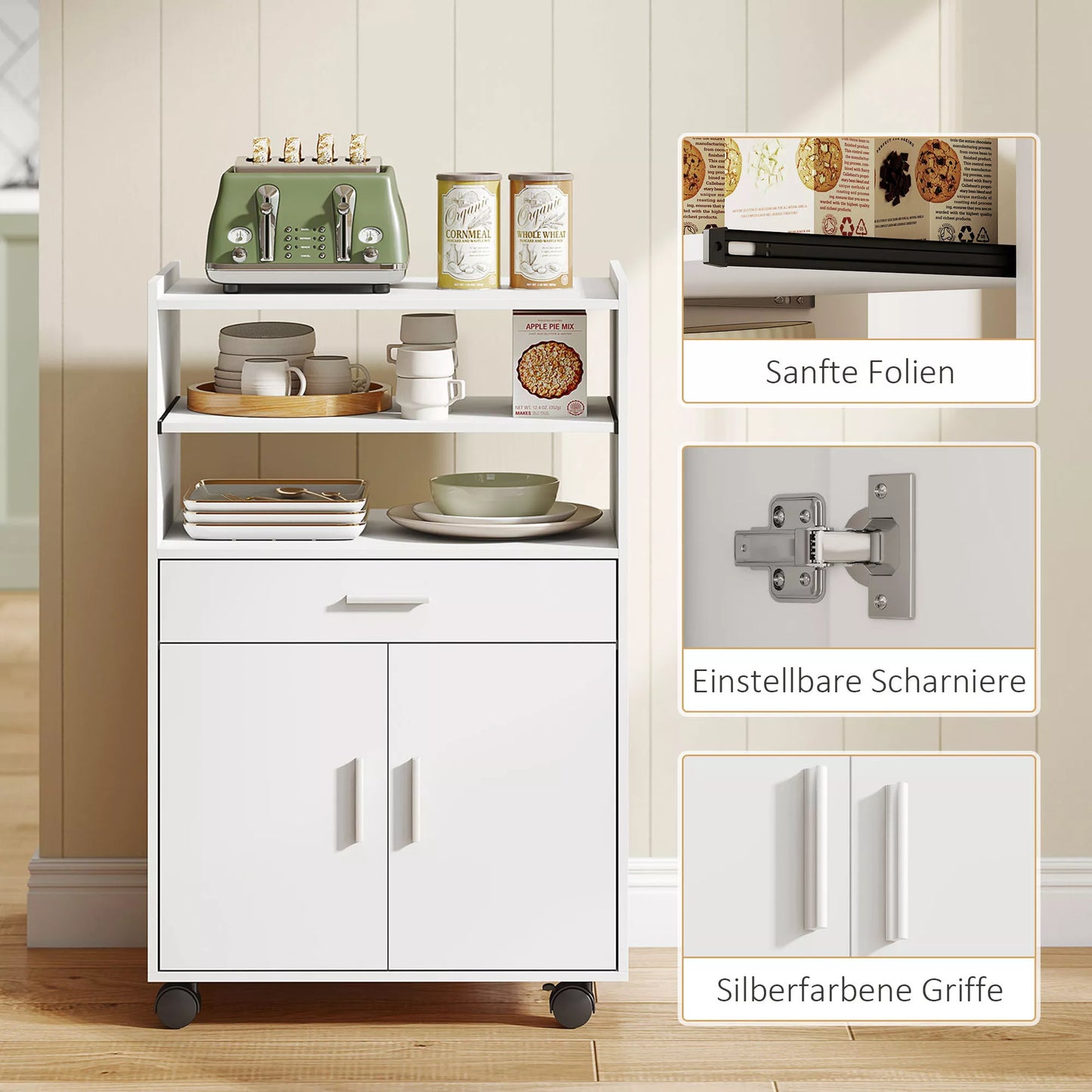 Spintelė mikrobangų krosnelei, lentyna, spintelė su dvigubomis durimis, stalčius, ratukai, balta