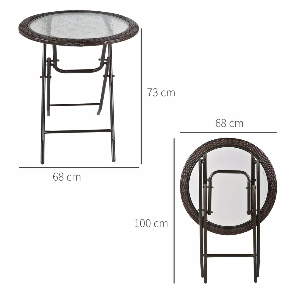 Sodo stalo matmenų schema: 68 cm skersmuo, 73 cm aukštis, sulankstytas