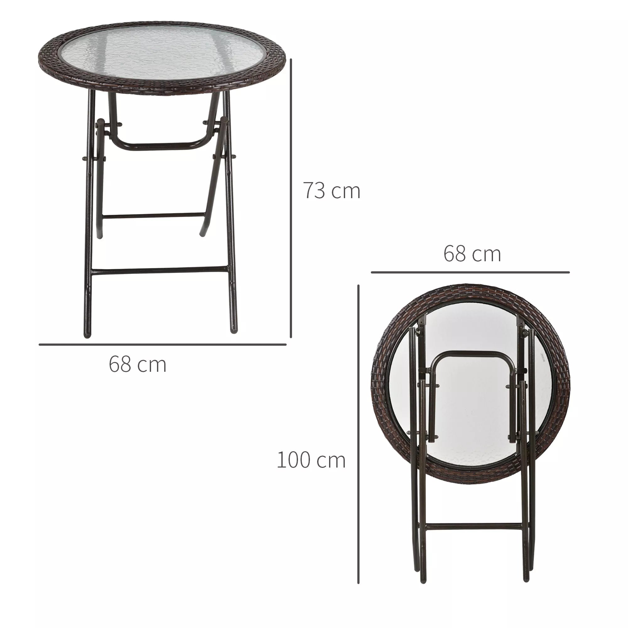 Sodo stalo matmenų schema: 68 cm skersmuo, 73 cm aukštis, sulankstytas