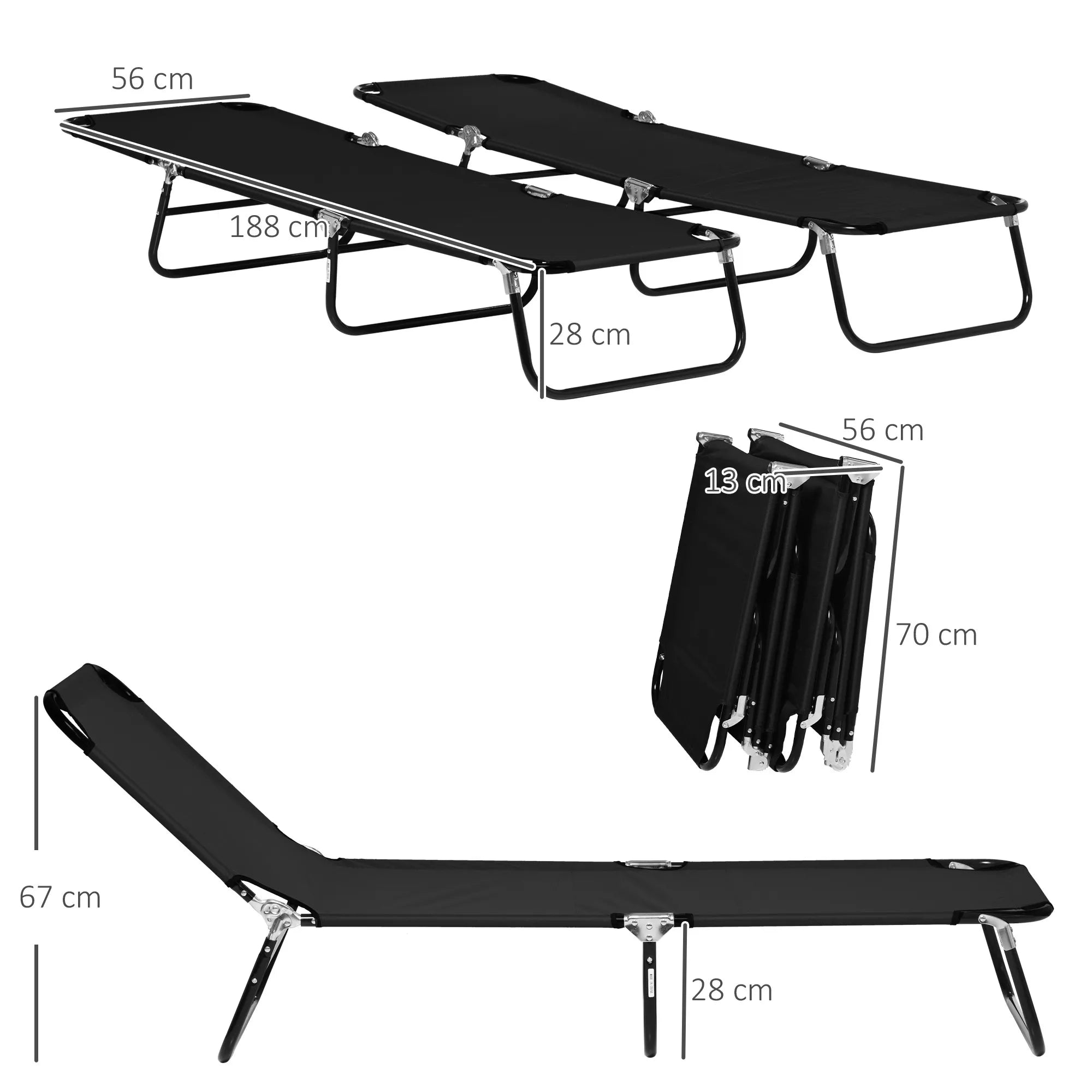 Gulto matmenų schema: ilgis 188 cm, plotis 56 cm, aukštis 67 cm, sulankstytas 70x56x13 cm