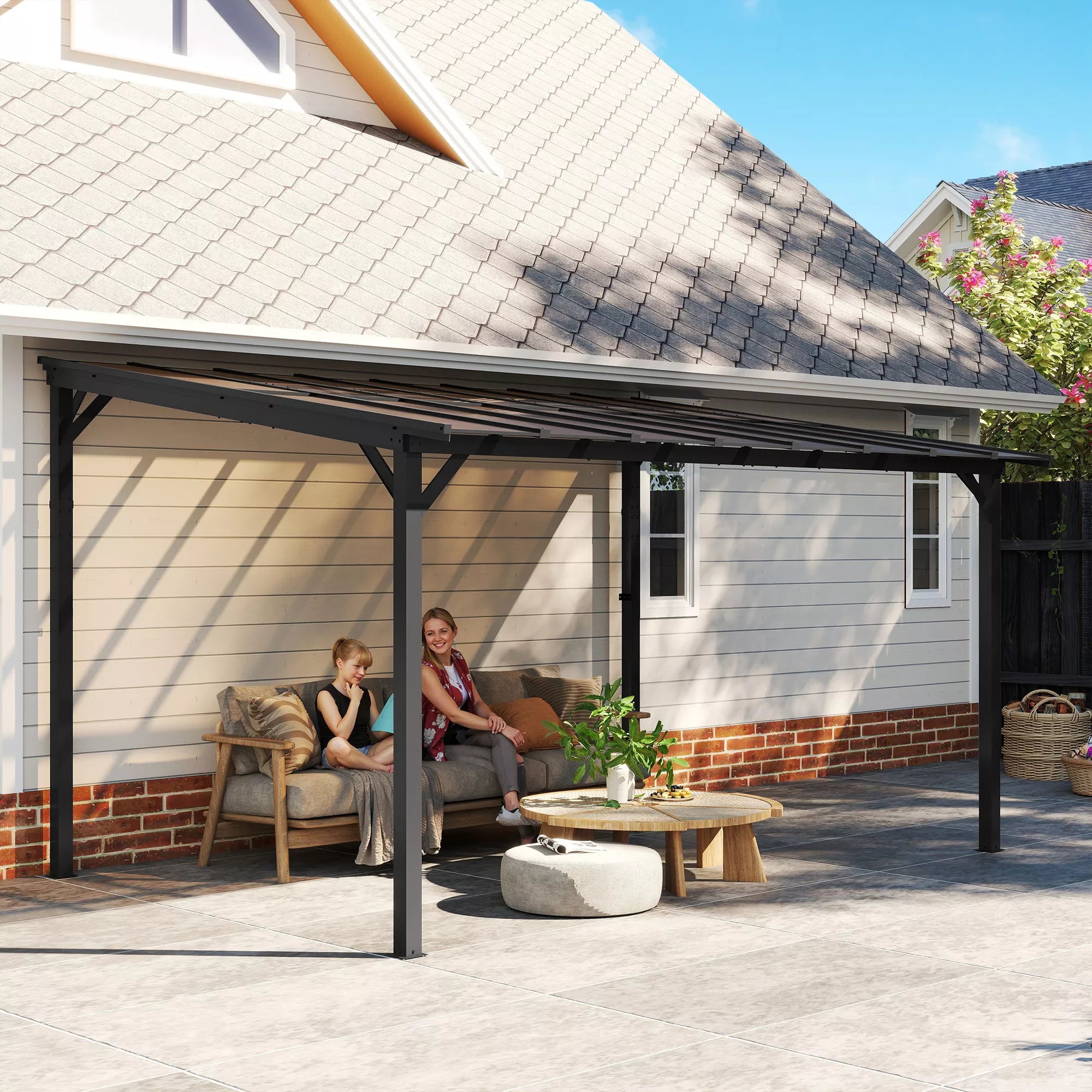 Terasos pergola prie sienos su polikarbonato stogu, aliuminio konstrukcija, 428 x 294 x 258 cm, tamsiai pilka