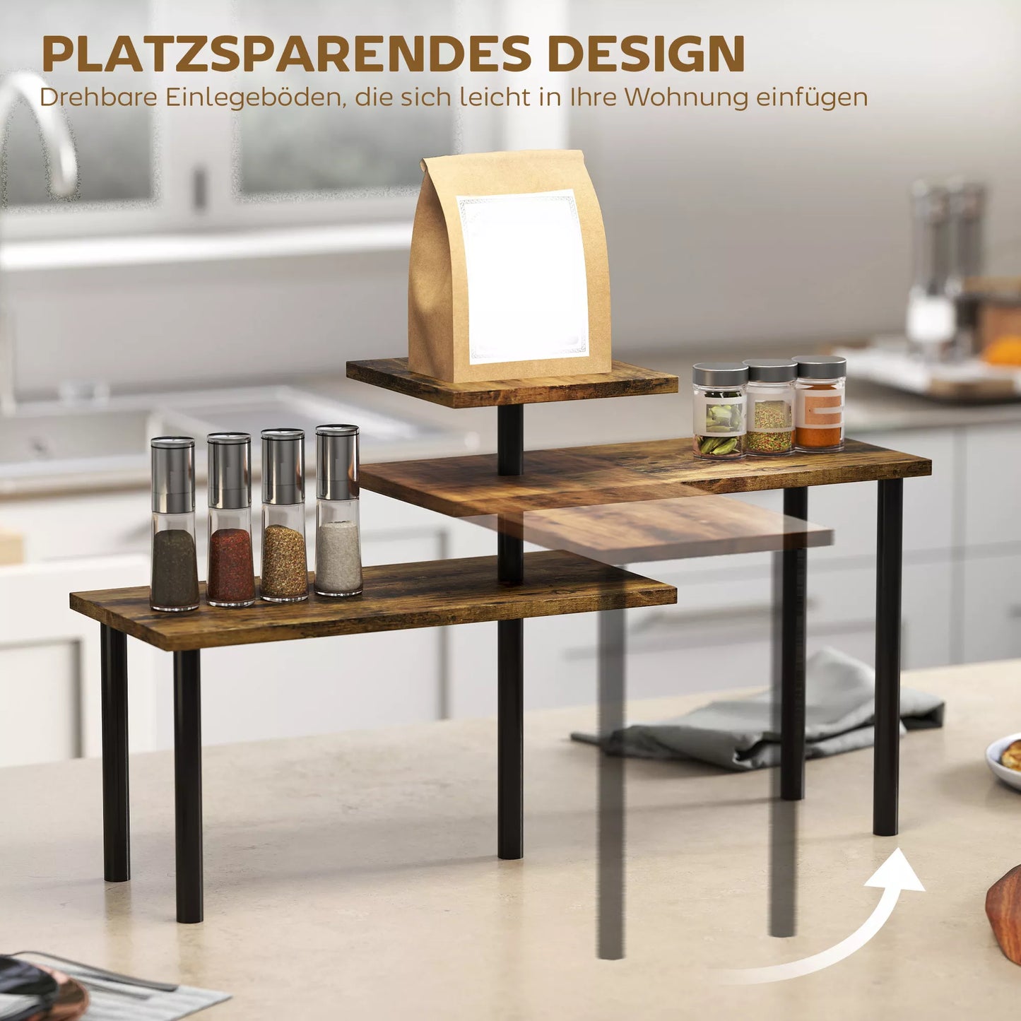 Virtuvės lentyna, besisukanti mikrobangų krosnelės lentyna su 3 pakopomis, pramoninio stiliaus metalinė pastatoma lentyna, 40 x 18 x 36,5 cm