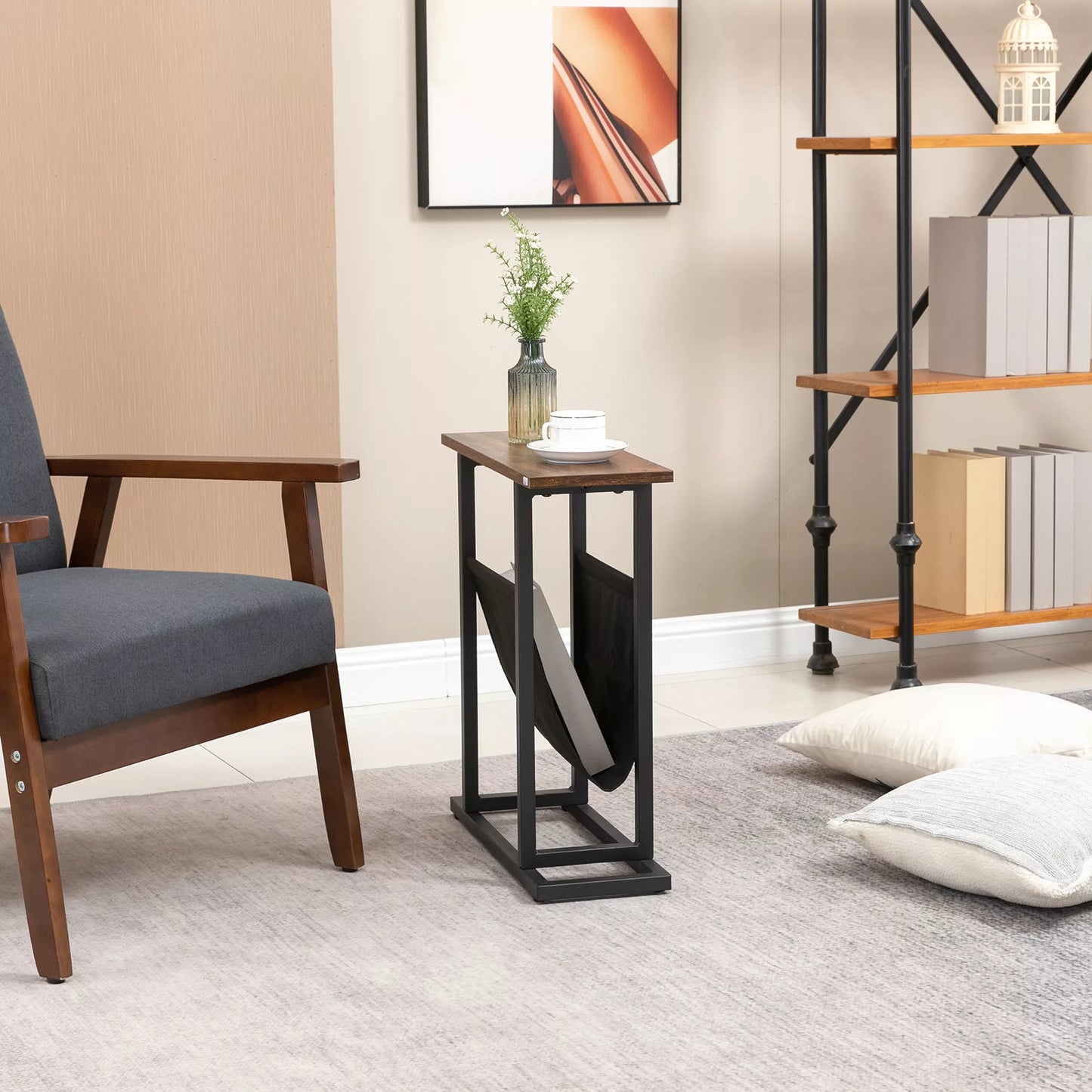 Naktinis staliukas, pagalbinis staliukas, siauras dizainas, su audinio kišene, plienas, tamsiai rudas+juodas, 49 x 19 x 55cm