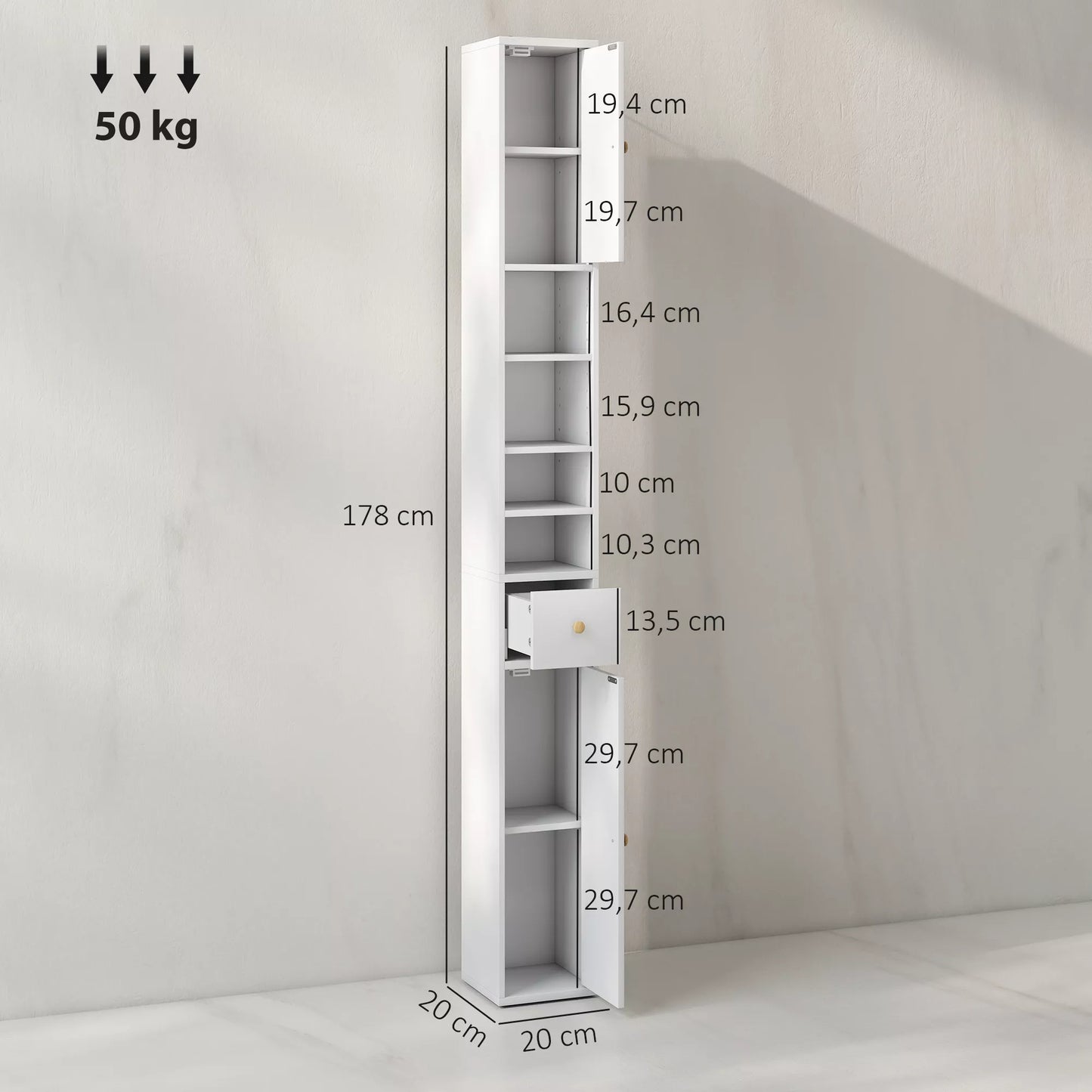 Aukšta ir siaura vonios spintelė, atviros ir uždaros zonos, balta