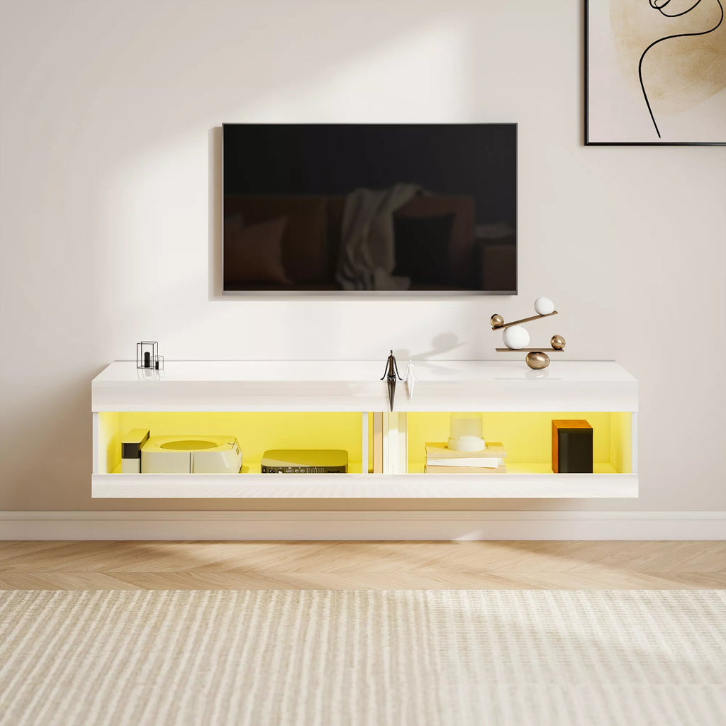 TV staliukas su LED apšvietimu, pakabinamas, 140 cm, blizgi balta