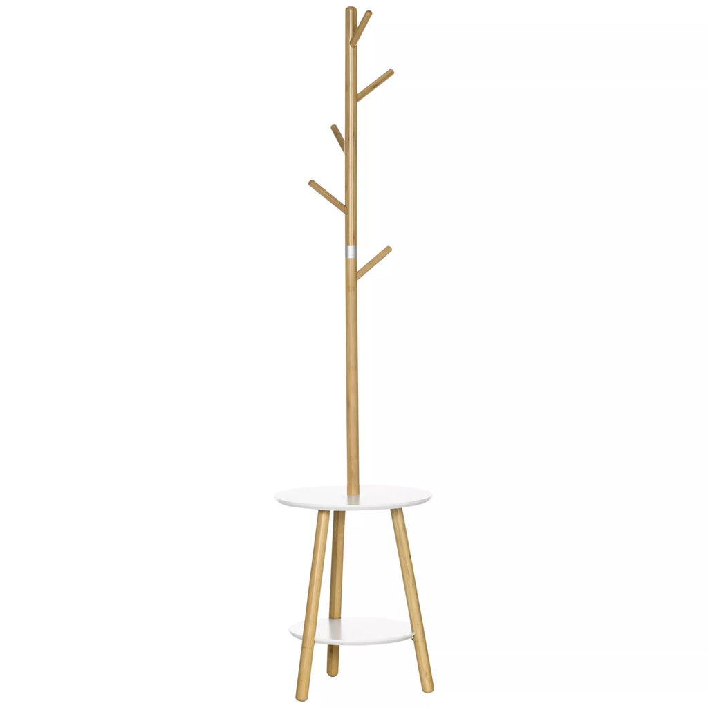 Skandinaviško stiliaus drabužių stovas su pagalbiniu staliuku, 5 kabliukai, 39,5 cm x 39,5 cm x 171 cm, natūralus + baltas