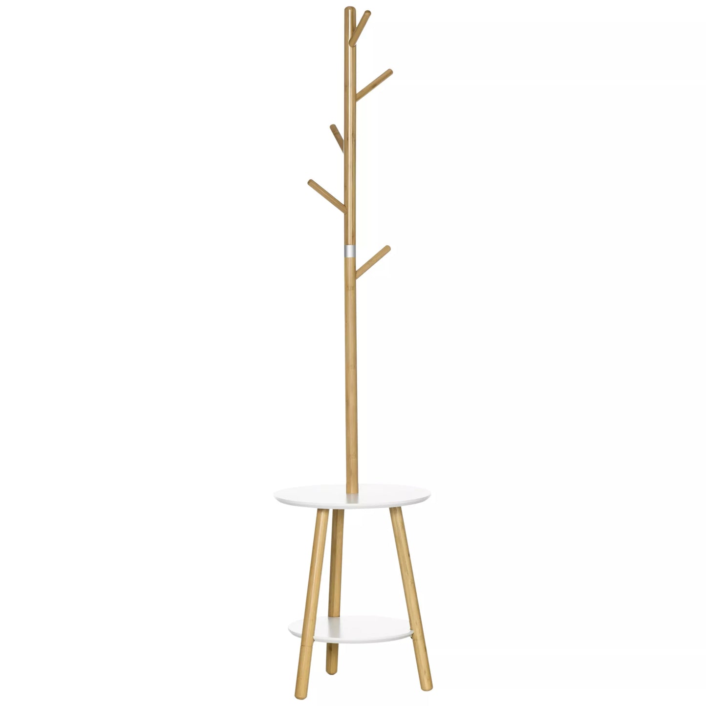 Drabužinė kabykla su staliuku, "Skandi" dizainas, 5 drabužių kabliukai, 39,5 cm x 39,5 cm x 171 cm, natūrali spalva + balta