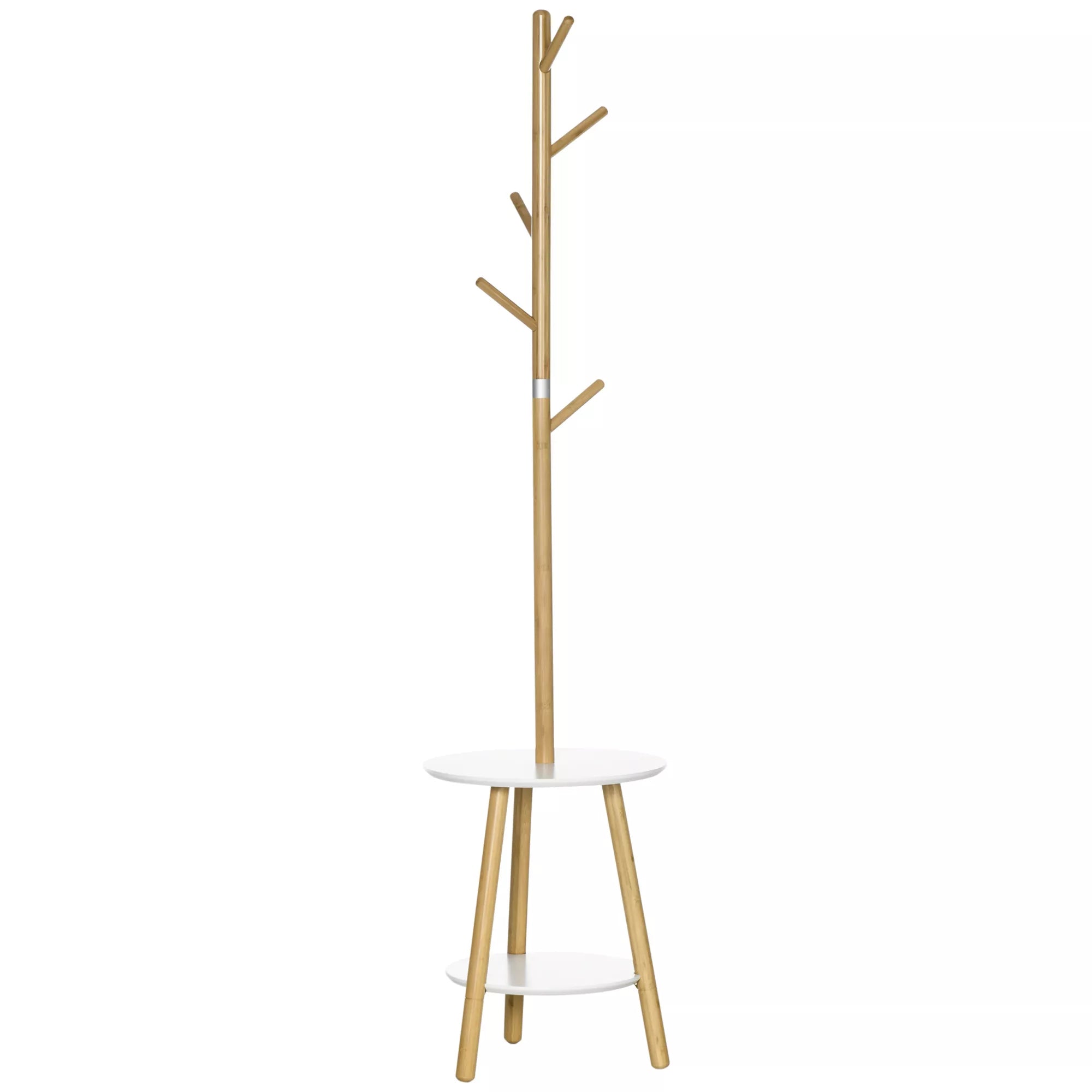Skandinaviško stiliaus drabužių stovas su pagalbiniu staliuku, 5 kabliukai, 39,5 cm x 39,5 cm x 171 cm, natūralus + baltas