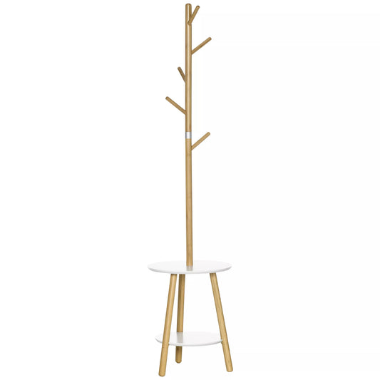 Drabužinė kabykla su staliuku, "Skandi" dizainas, 5 drabužių kabliukai, 39,5 cm x 39,5 cm x 171 cm, natūrali spalva + balta