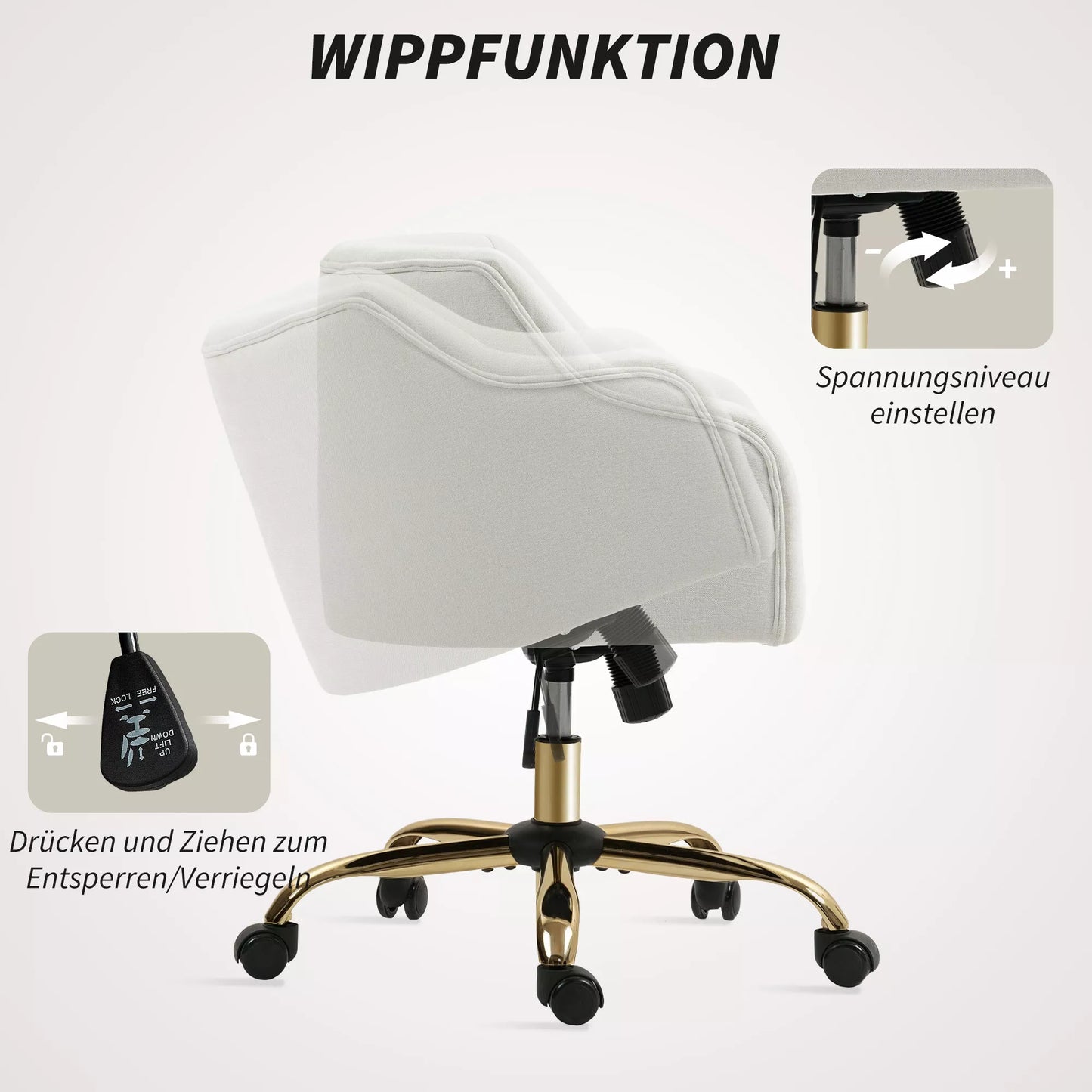 Paminkštinta biuro kėdė, rašomojo stalo kėdė su linine apdaila, auksinėmis kojomis, reguliuojamo aukščio, smėlio spalvos