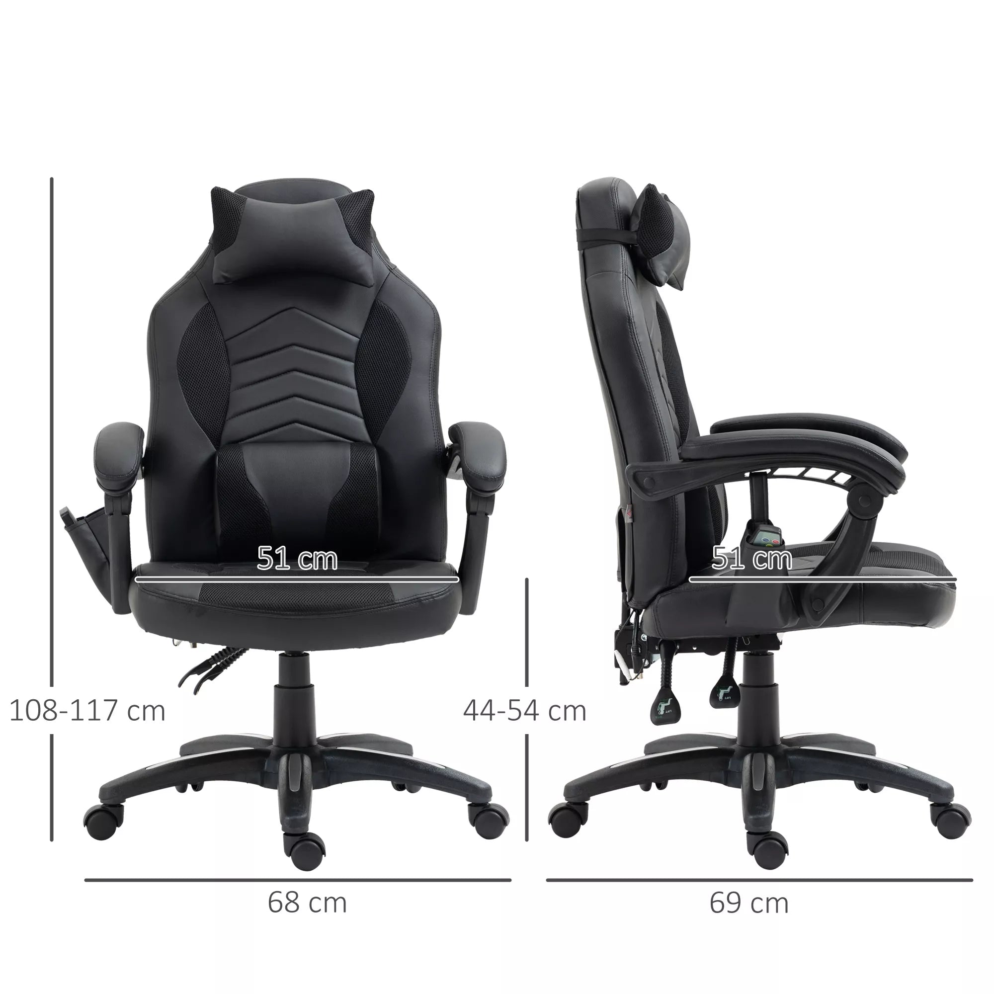 HOMCOM Biuro kėdė Masažinė kėdė su 6 vibracijos taškais Ergonomiška žaidimų kėdė su šildymo funkcija Dirbtinė oda Juoda 68 x 69 x 108-117cm