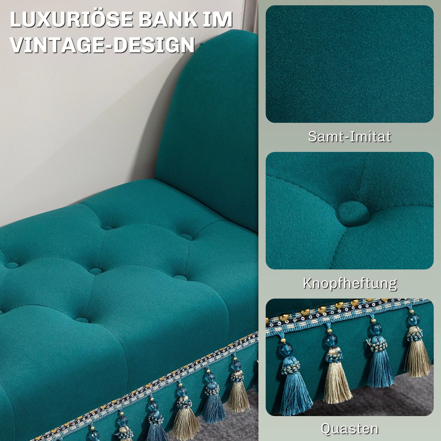 Minkštas suolas, vintažinio dizaino, iki 150 kg, 117x40x58 cm, žalias