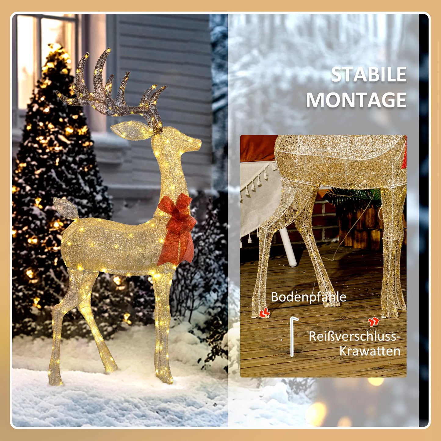 Elnias su raudonu kaspinėliu, 137 LED lemputės, kalėdinė puošmena, atspari oro sąlygoms, 66 x 25 x 135 cm, auksinė