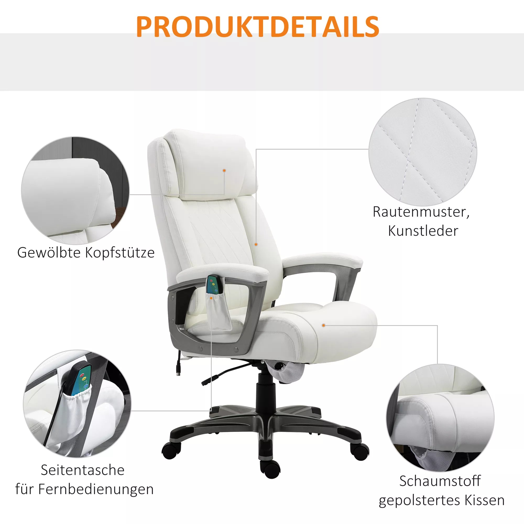 Masažinė biuro kėdė, 6 taškų masažinis pasukamas krėslas, ergonomiška, reguliuojama, dirbtinės odos, su lenkta galvos atrama ir porankiu, balta 70 x 76,5 x 114-124 cm