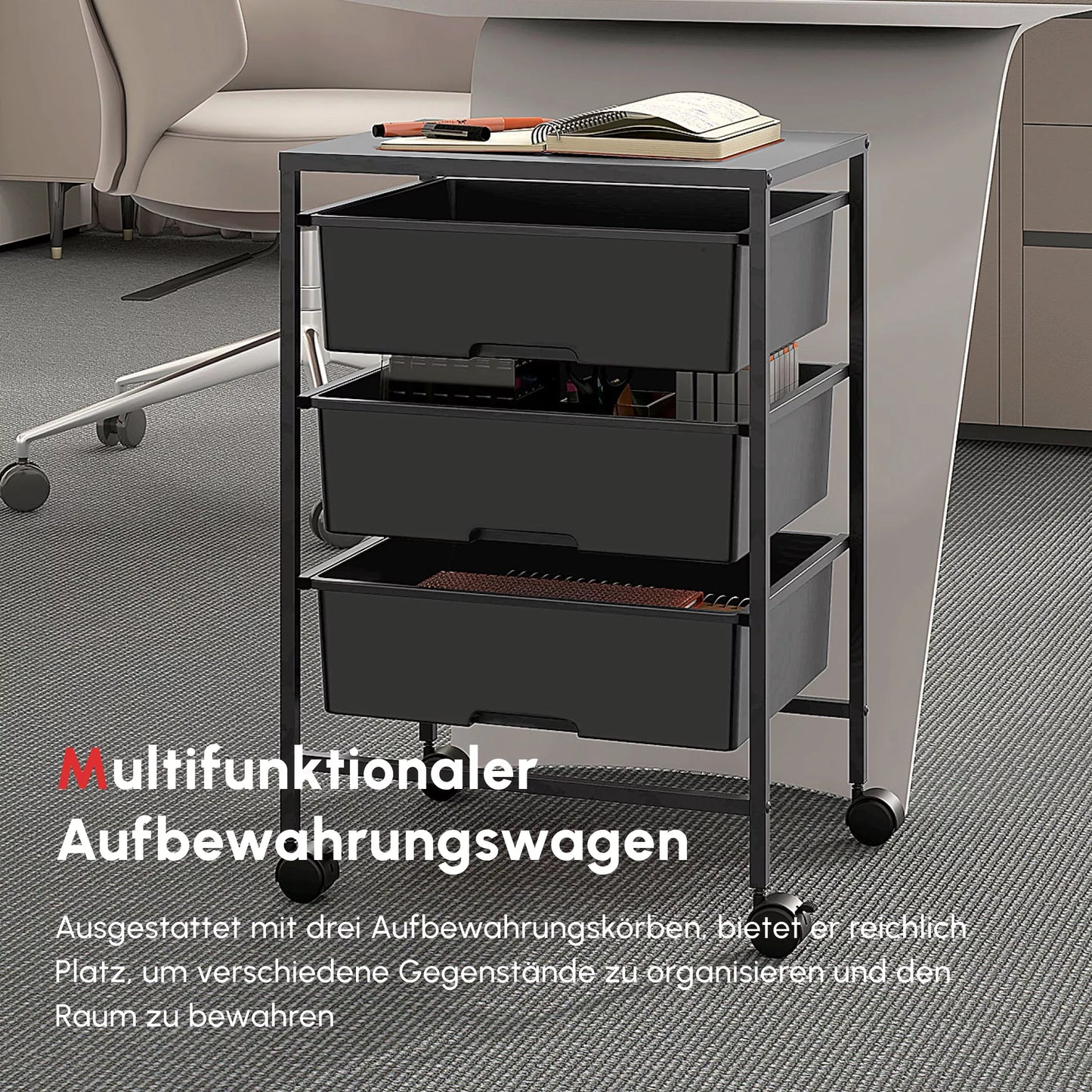 Vežimėlis su ratukais, 3 krepšiai transportavimui ir laikymui, virtuvės vežimėlis, 40,8 ilg. x 33,5 plat. x 60,5 aukšt. cm, juodas