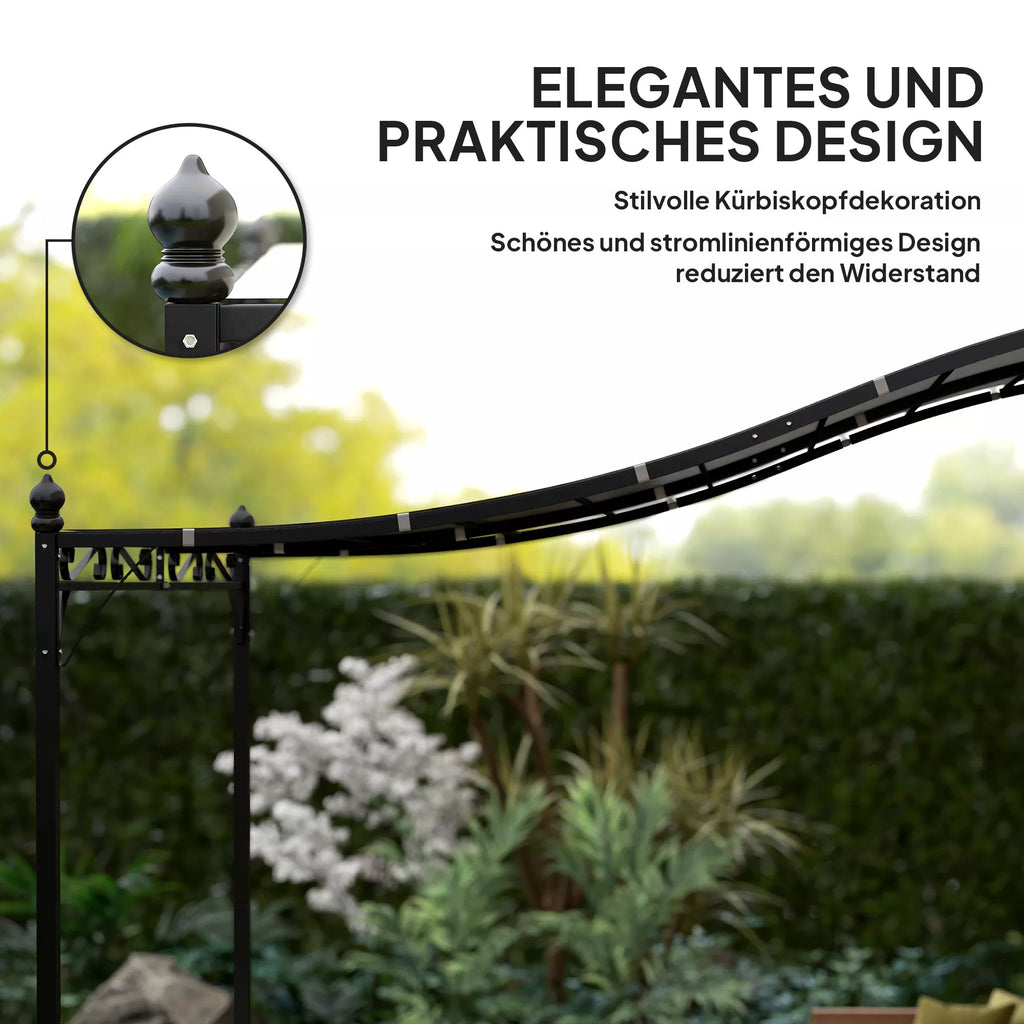 2,5 x 3 m pergola, prie sienos montuojamas sodo paviljonas, atsparus vandeniui, metalinis rėmas, drenažo angos, šešėlinis stogas, tamsiai pilkos spalvos