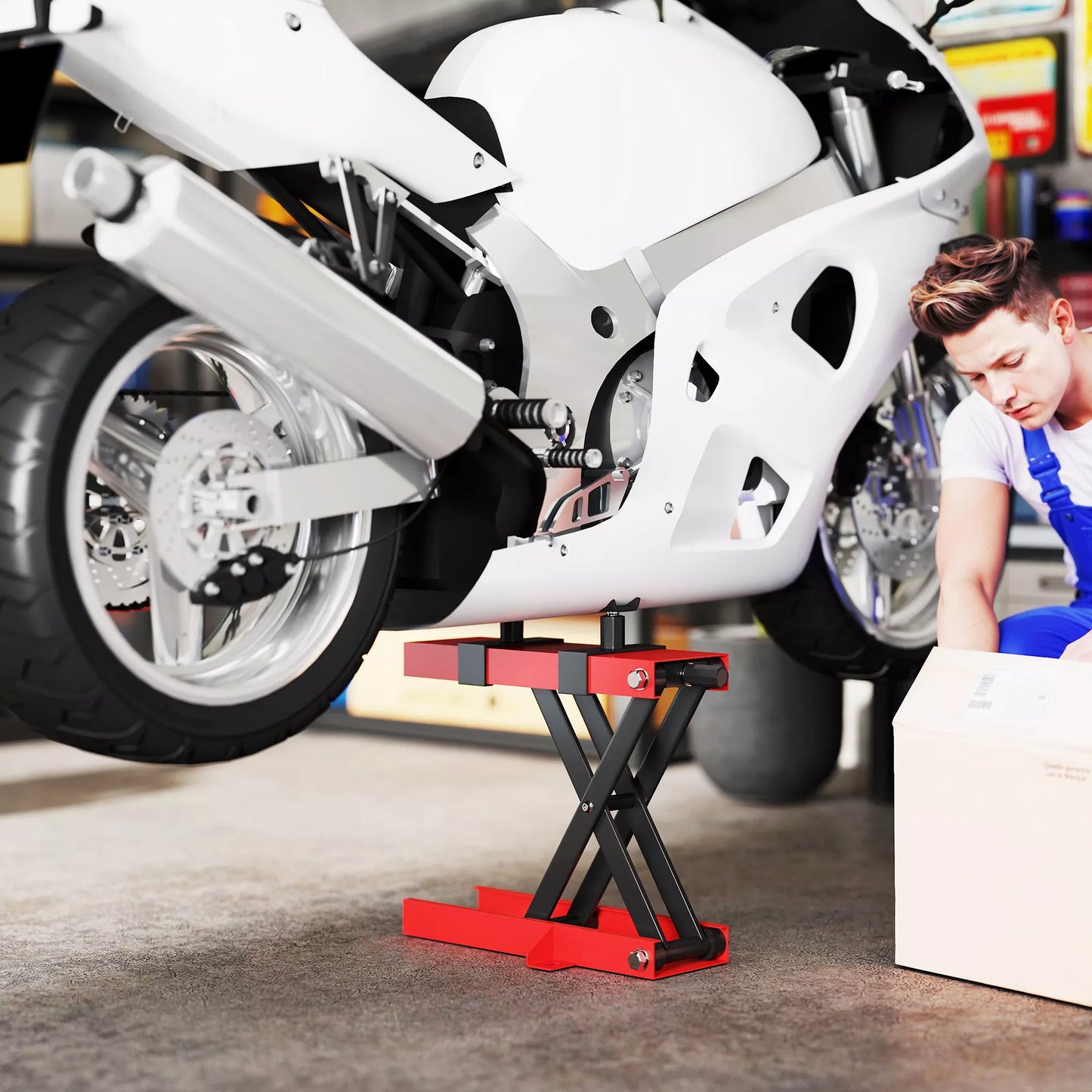 Motociklo keltuvas 500 kg, motociklo pakėlimo platforma, reguliuojamas aukštis 95–400 mm, 45 x 15 x 9,5–40 cm, raudonas