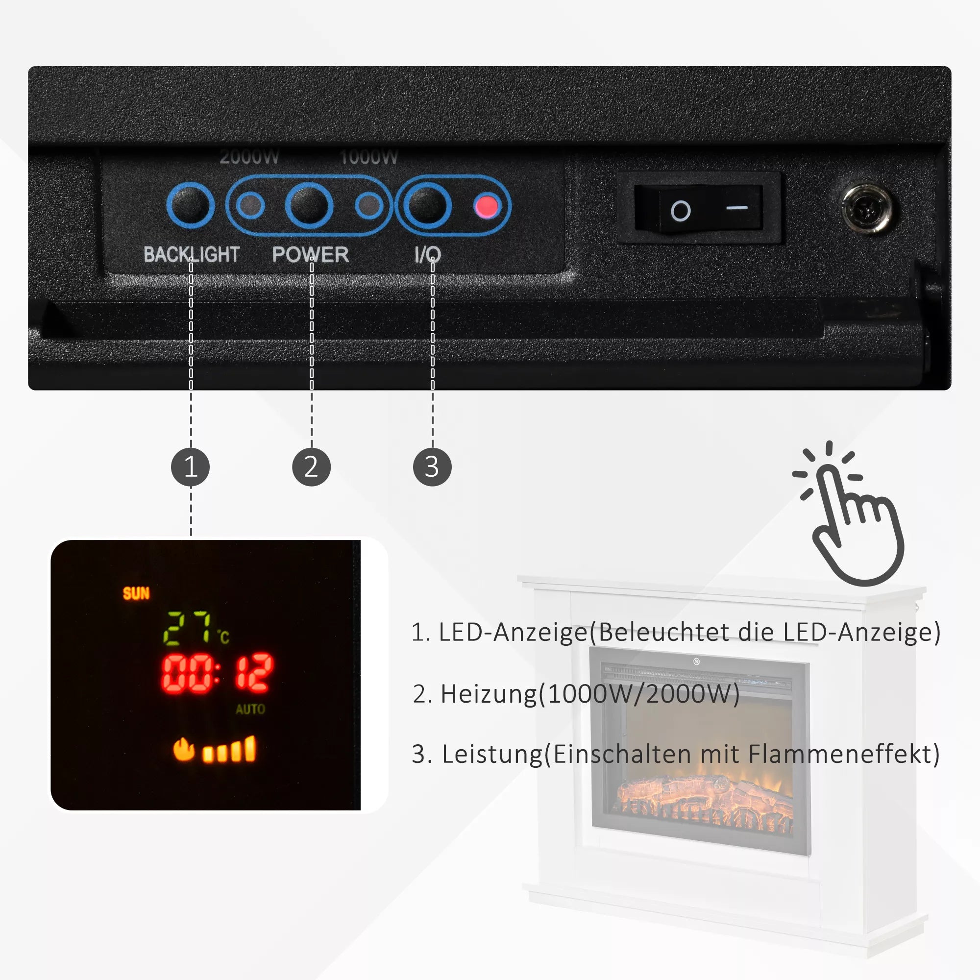 Elektrinis židinys, 3D LED liepsnos, nuotolinio valdymo pultelis, laikmatis, MDF, baltas