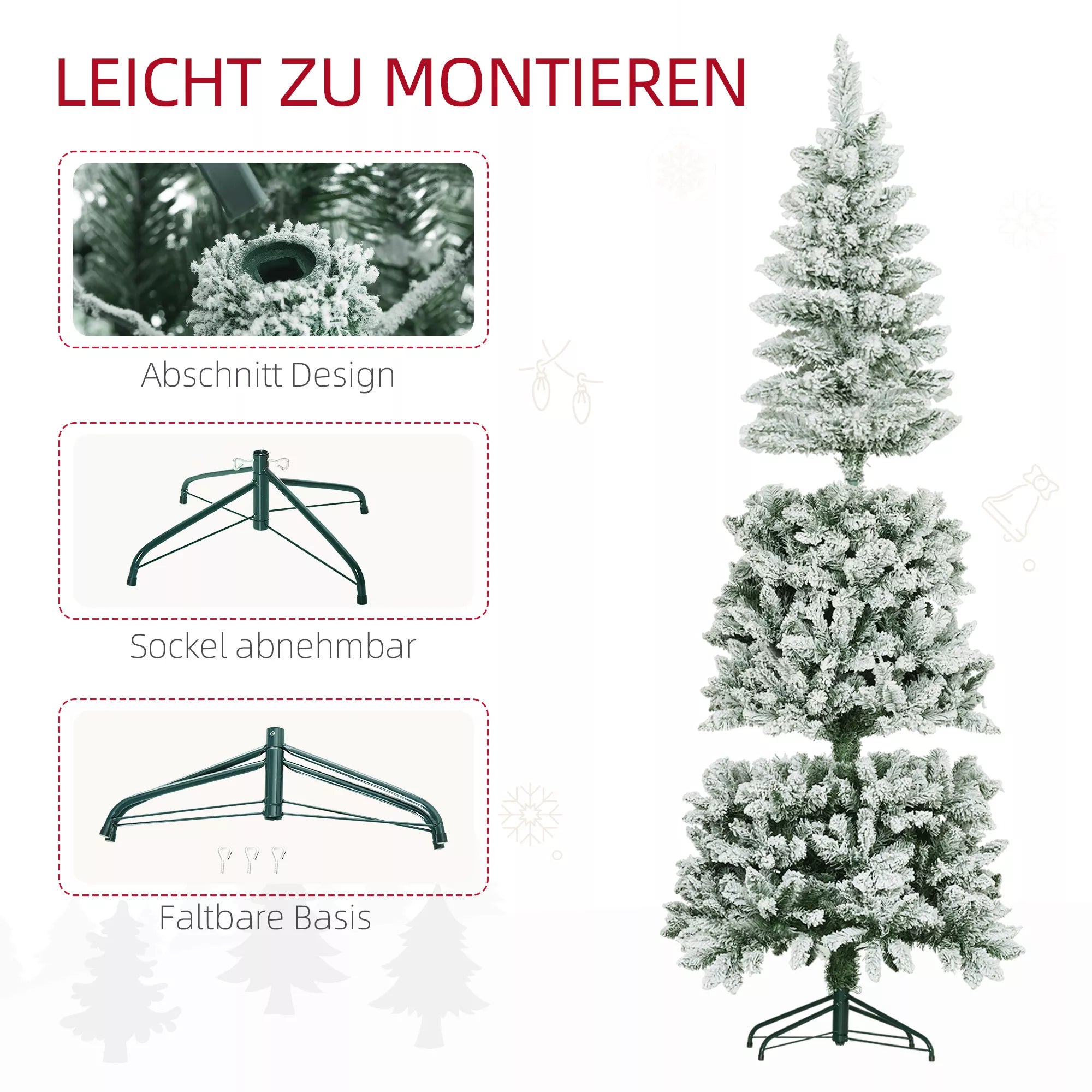 Dirbtinė Kalėdų eglė, lieknos formos, su dirbtiniu sniegu, trijų dalių, atspari ugniai, metalinis pagrindas, 180 cm, žalia