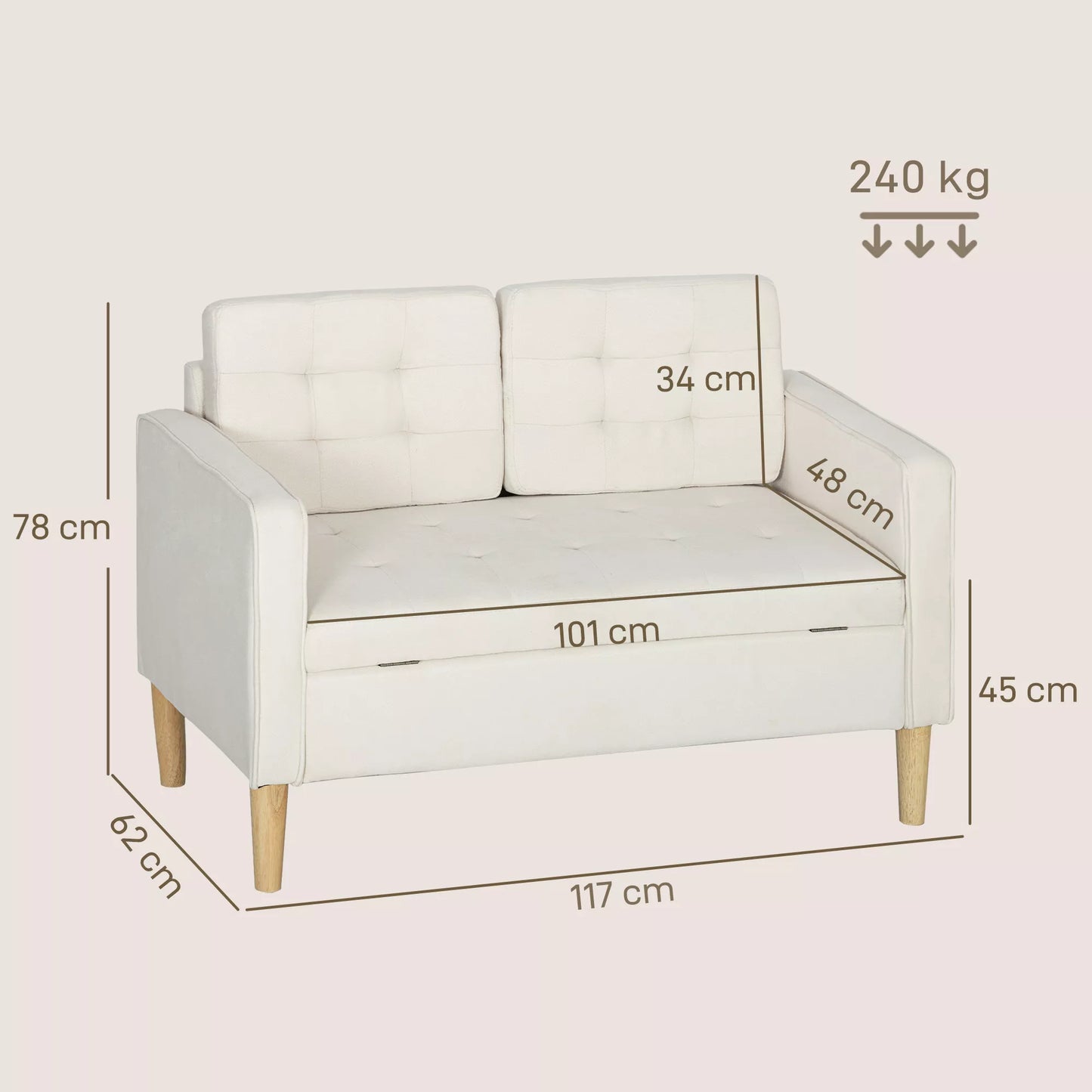 Dvivietė sofa su daiktadėže, sagų apmušalais, pagalvėlėmis, pagaminta iš kaučiukmedžio, 117x62x78cm, kreminės baltos spalvos.
