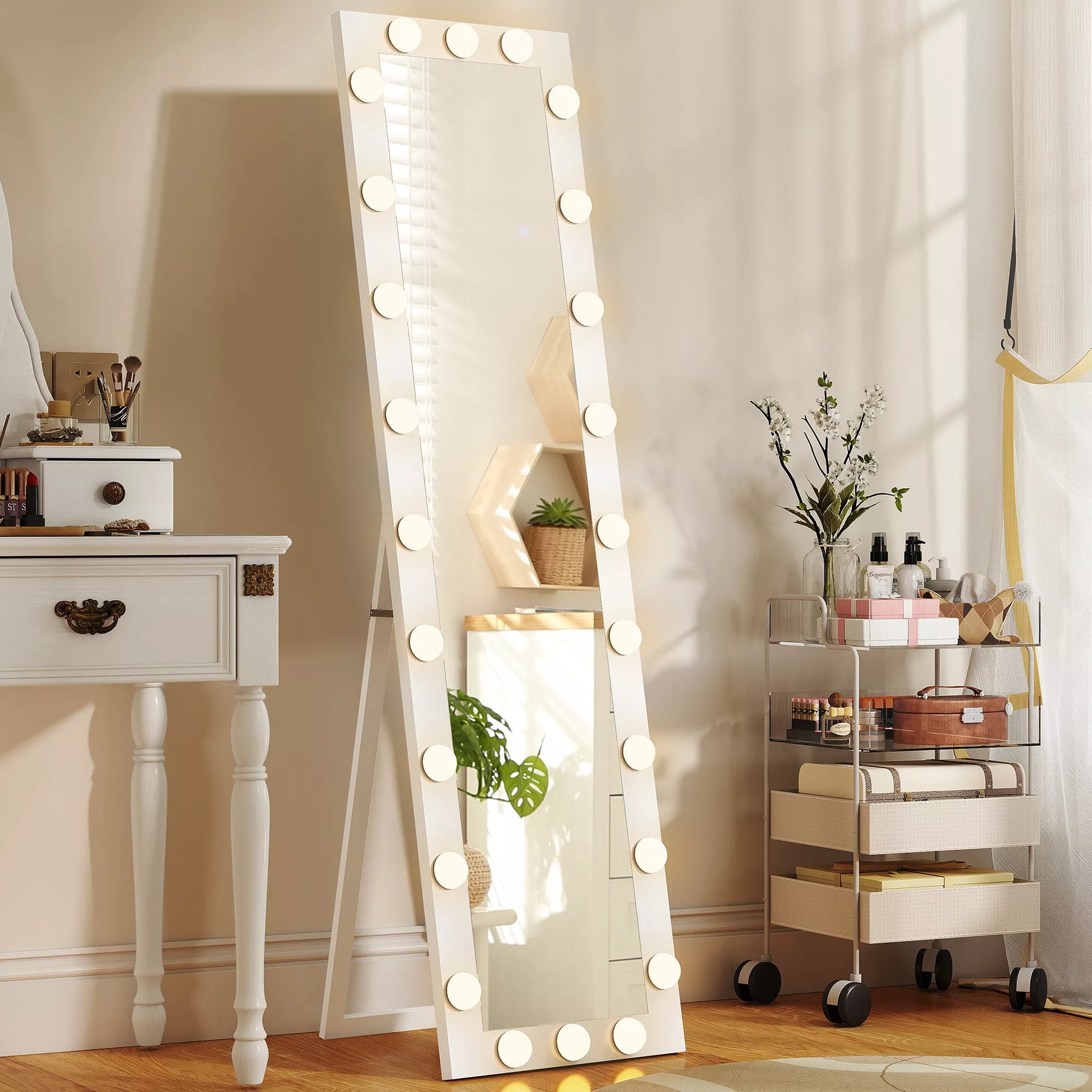 Visas kūno veidrodis 150x40 cm LED veidrodis su 24 lemputėmis, 3 šviesos spalvos, laisvai stovintis, atlenkiamas arba montuojamas prie sienos, baltas