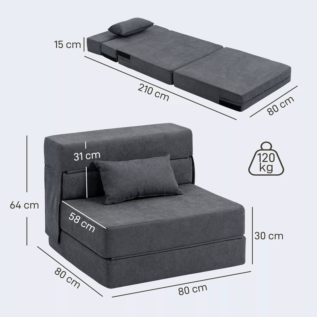 Grindų sofa, minkšta sofa, transformuojama į čiužinį, putplastis, pagalvės, tamsiai pilkos