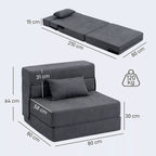 Grindų sofa, minkšta sofa, transformuojama į čiužinį, putplastis, pagalvės, tamsiai pilkos