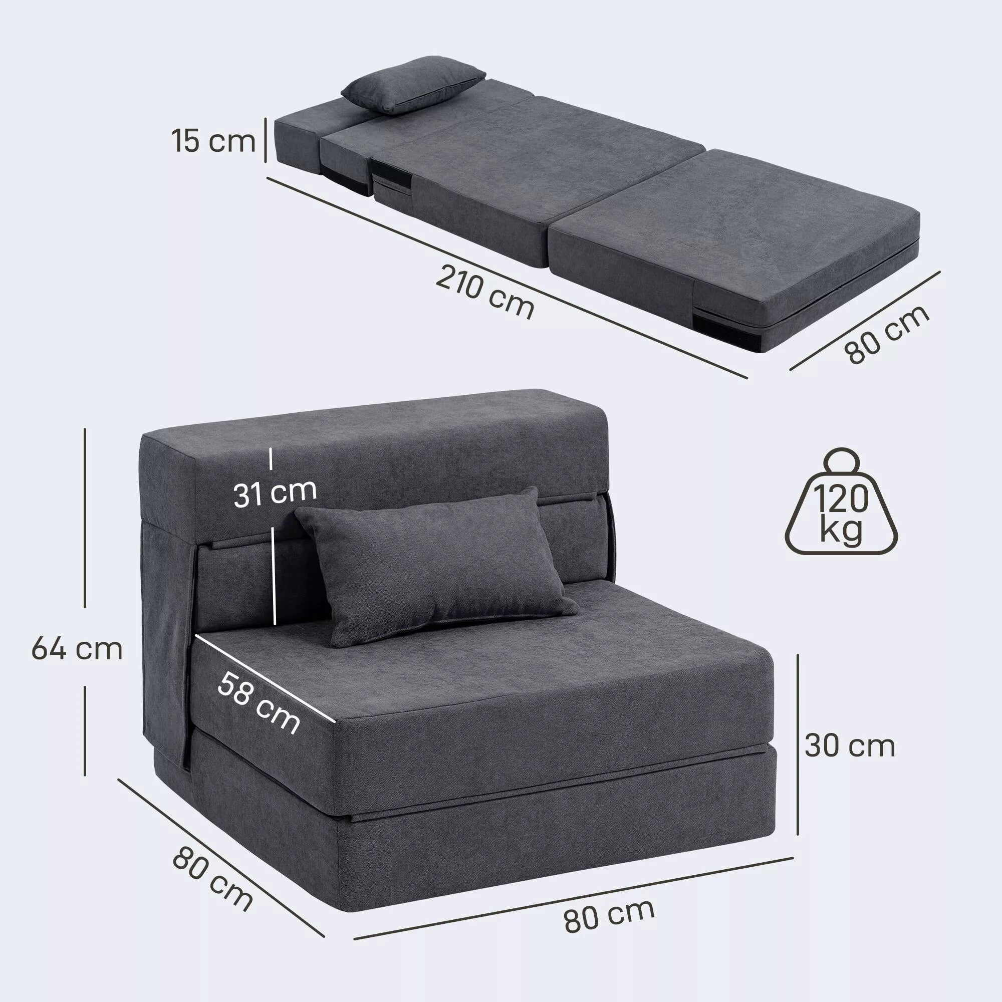 Grindų sofa, minkšta sofa, transformuojama į čiužinį, putplastis, pagalvės, tamsiai pilkos