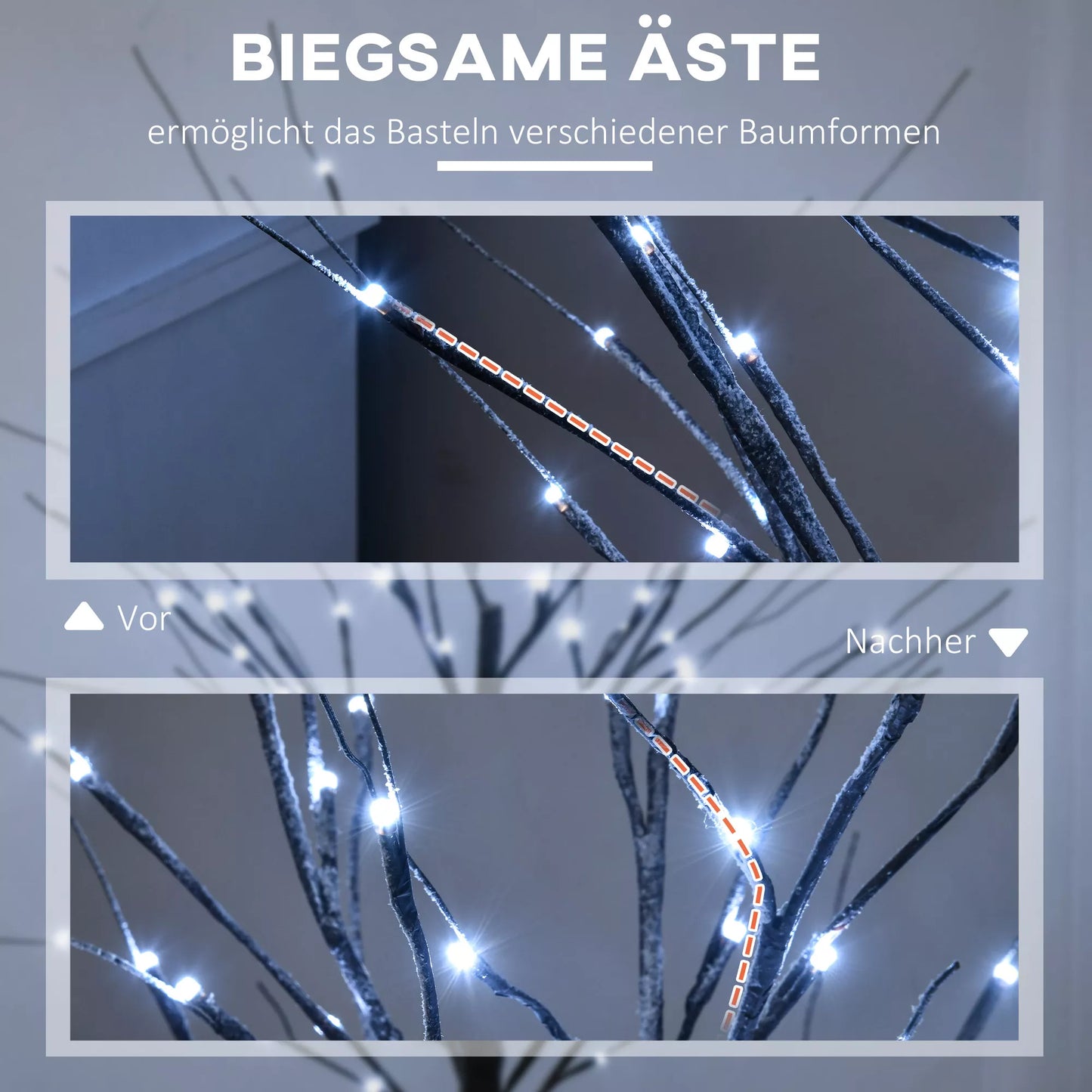 Dirbtinis beržas su LED apšvietimu, 96 šiltai baltos spalvos mikroskadinės LED lemputės, 150 cm, rudas