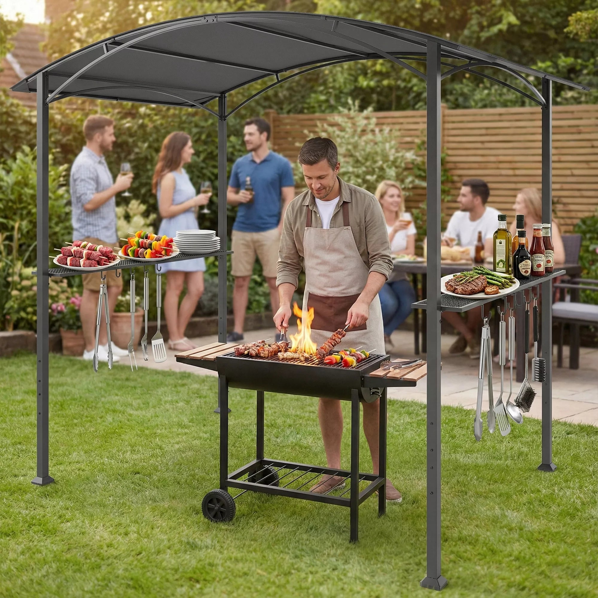 Grill paviljonas 2,4 x 1,5 m, ugniai atsparus sodo paviljonas su arkiniu stogu, šoninėmis lentynomis, kabliais, tamsiai pilkos spalvos