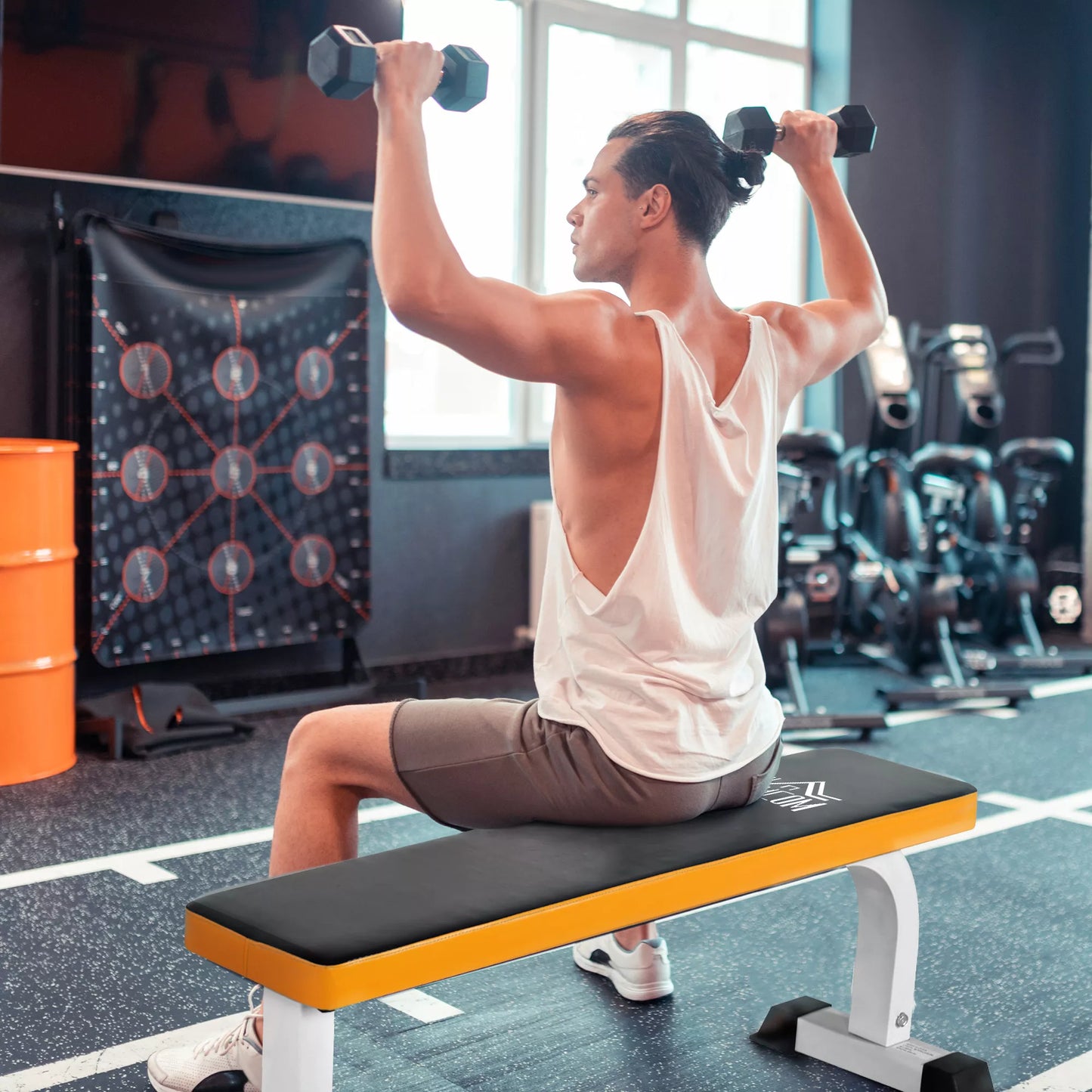 Hantelių suolas, plokščias suolas, fitneso suolas, daugiafunkcinis treniruočių suolas namų jėgos treniruotėms, plienas, juodas, 112x 62 x 43 cm