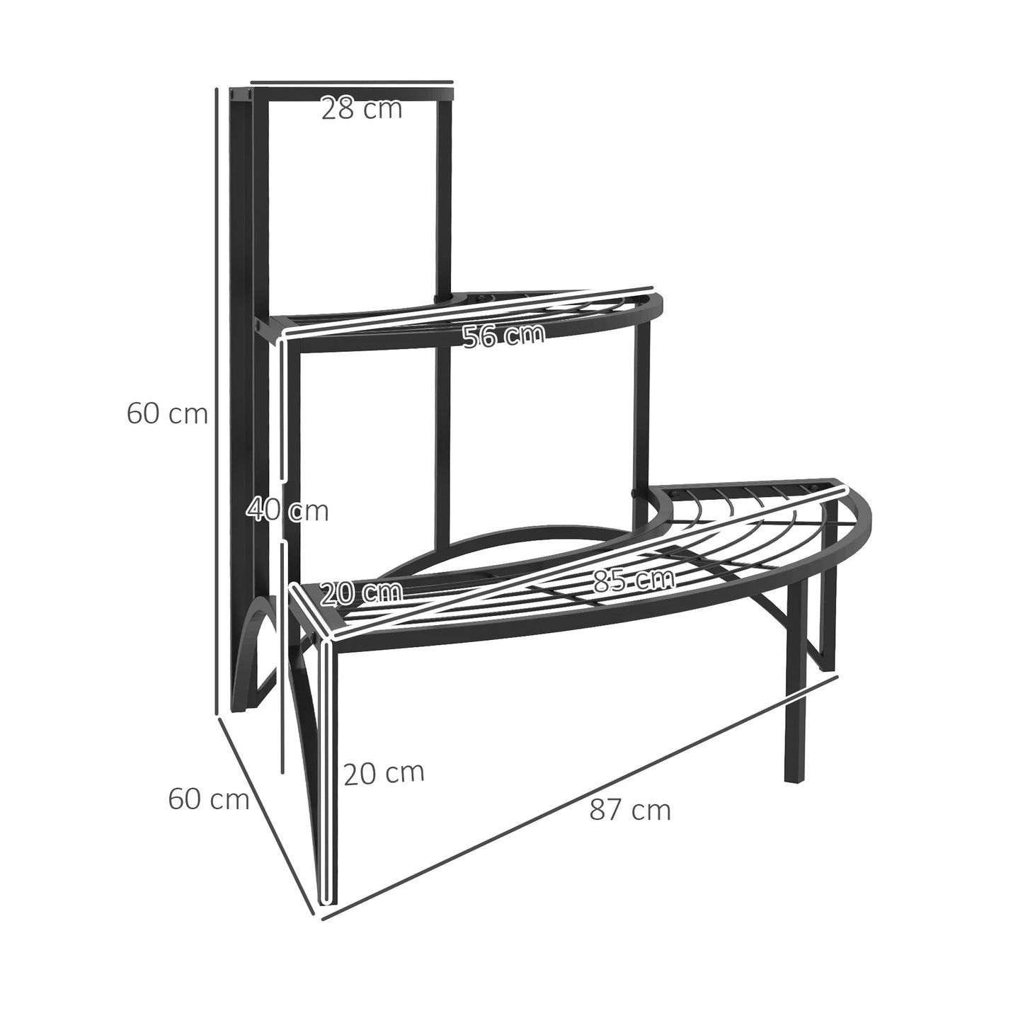 Kampinis gėlių stovas su 3 pakopomis, metalinis, skirtas naudoti viduje ir lauke, juodas