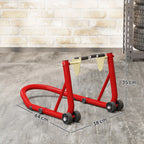 Raudono motociklo stovo matmenų schema su išmatavimais 64, 38 ir 35 cm
