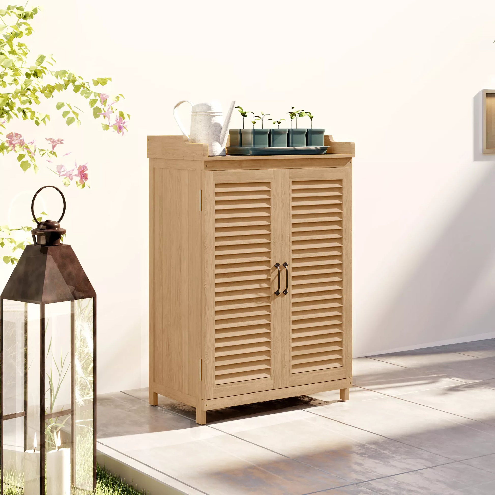 Sodo spintelė iš medžio, įrankių sandėliukas su darbo paviršiumi, atspari oro sąlygoms įrankių spintelė, 65,5x40x98,5 cm, geltona