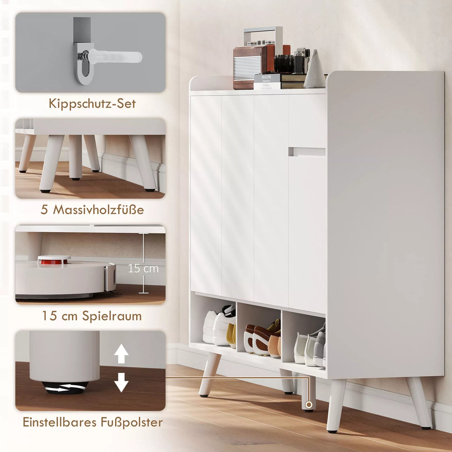 Batų spintelė su berėmiu dizainu, 4 durys, 4 reguliuojamos lentynos, laisvai stovinti batų spintelė su 5 medinėmis kojelėmis, mediena, balta