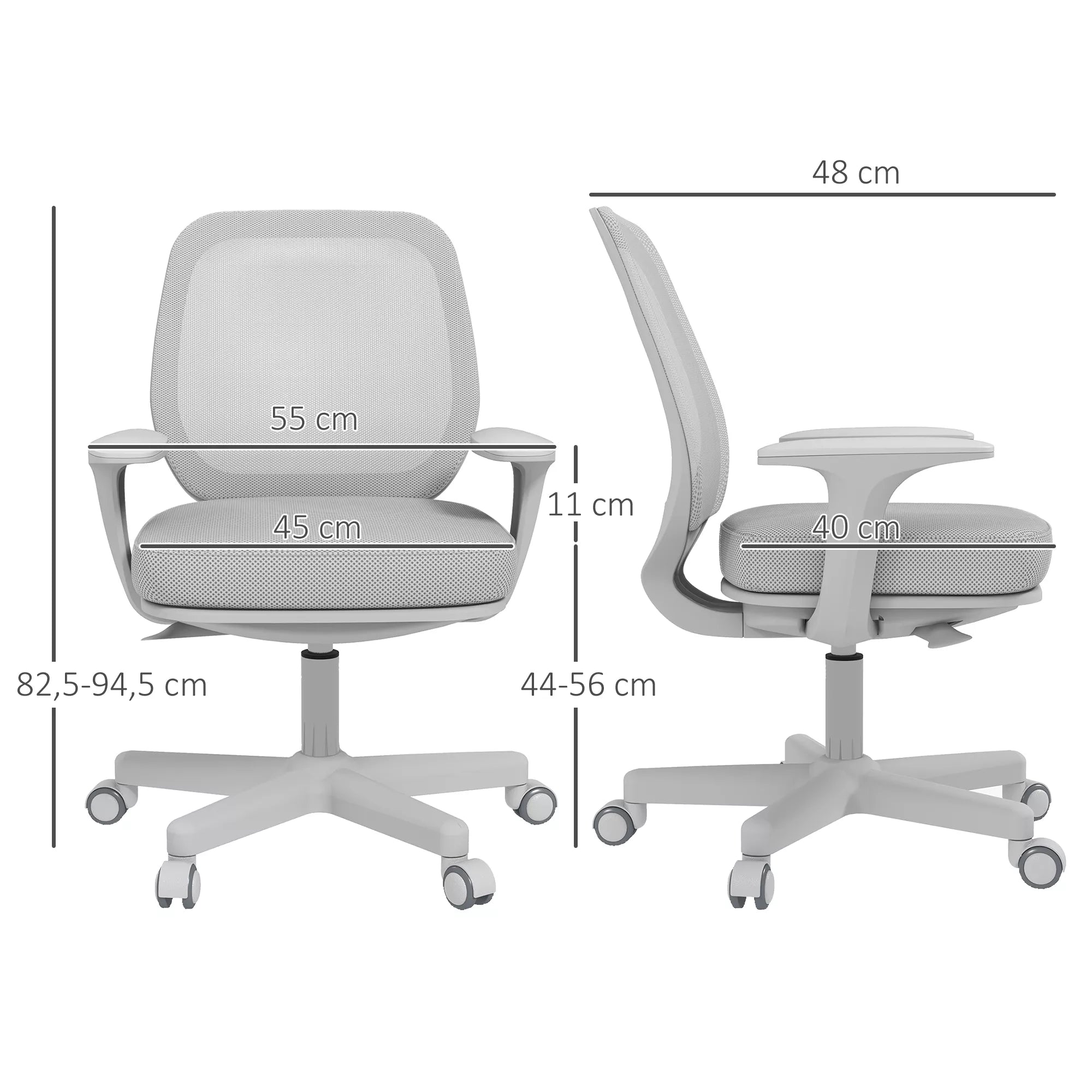 Biuro kėdė, Ergonomiška rašomojo stalo kėdė su sukimosi funkcija, Reguliuojamas aukštis 55 x 48 x 82,5-94,5 cm Pilka
