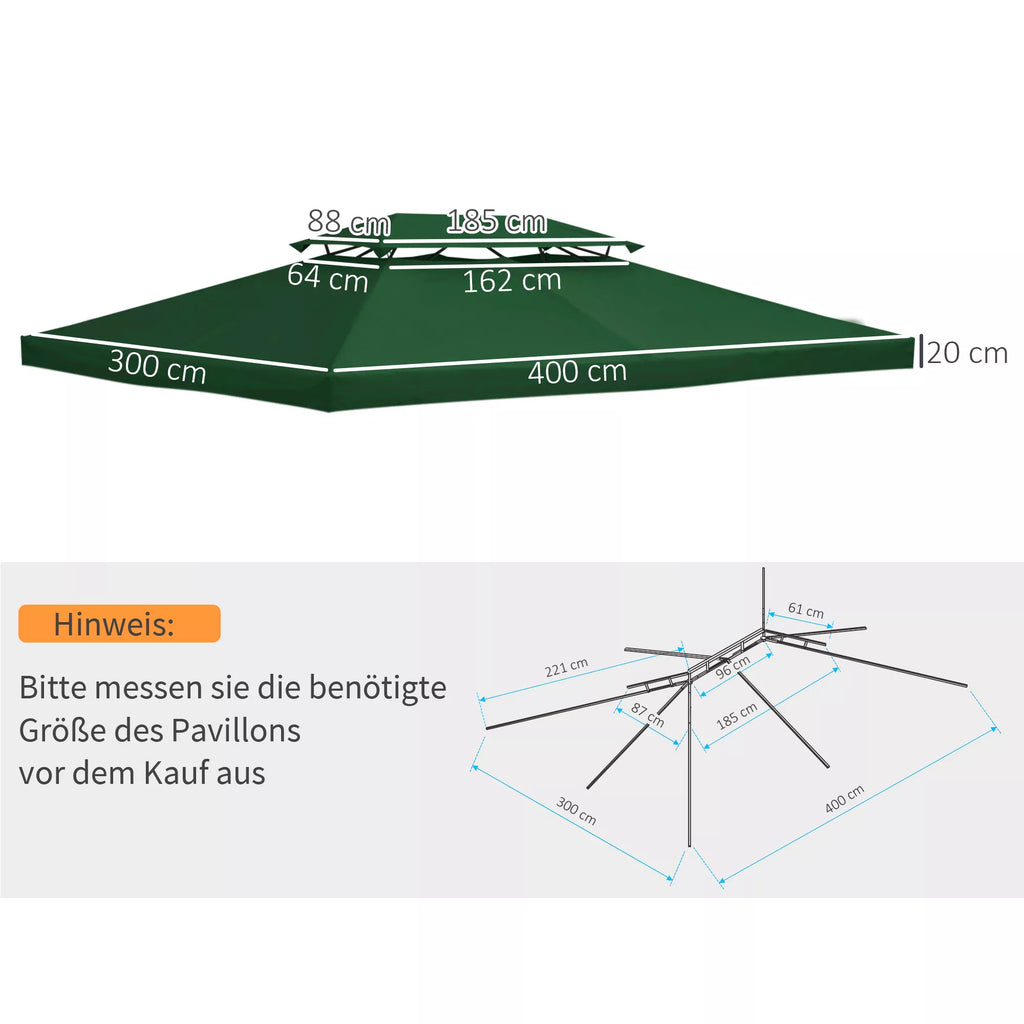 Atsarginis stogas metaliniam paviljonui 3x4 m, atsparus vandeniui Paviljono stogas (dvigubas stogas) Atsarginis dangtis sodo paviljonui Atsarginės dalys Poliesteris 180 g/m² Žalias