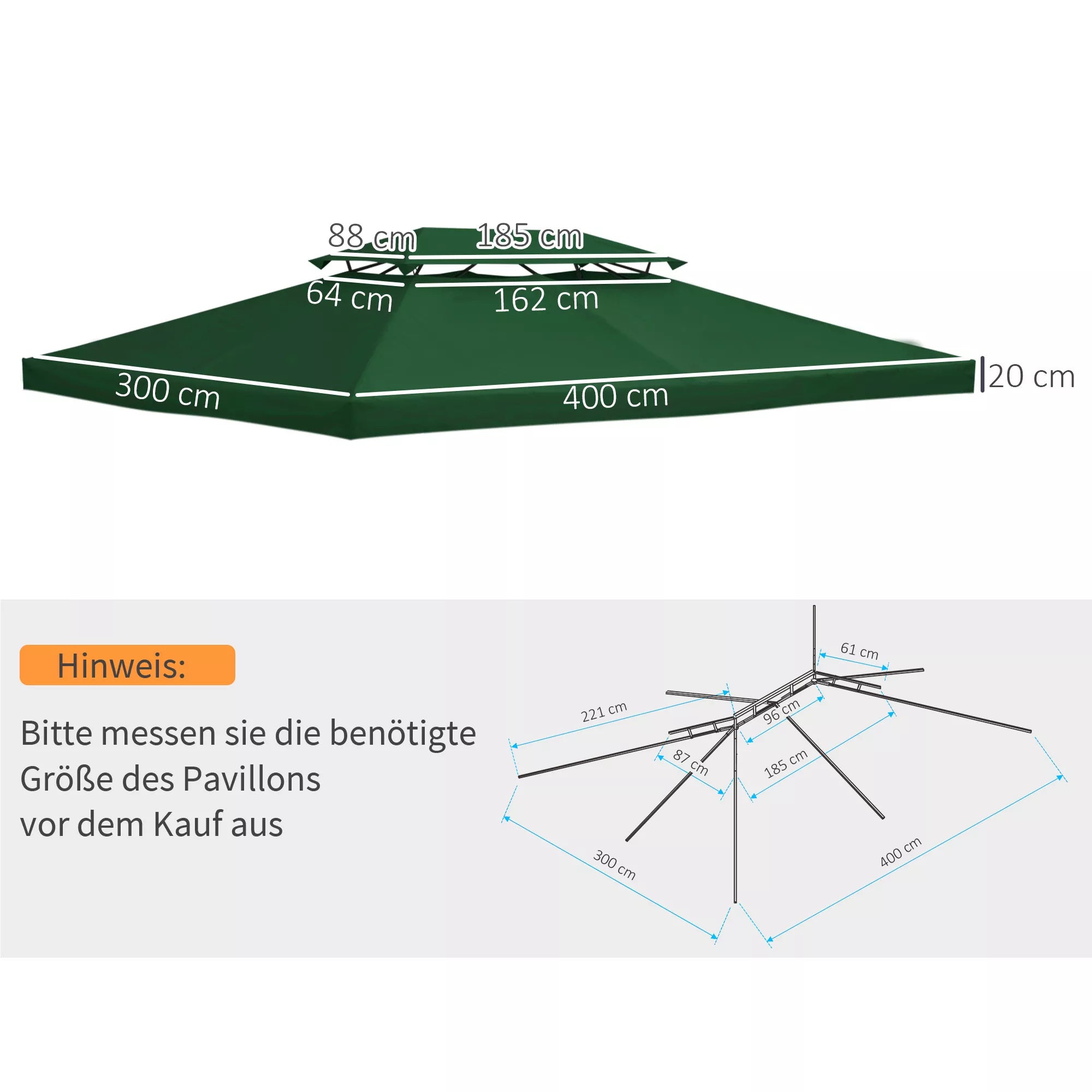 Atsarginis stogas metaliniam paviljonui 3x4 m, atsparus vandeniui Paviljono stogas (dvigubas stogas) Atsarginis dangtis sodo paviljonui Atsarginės dalys Poliesteris 180 g/m² Žalias