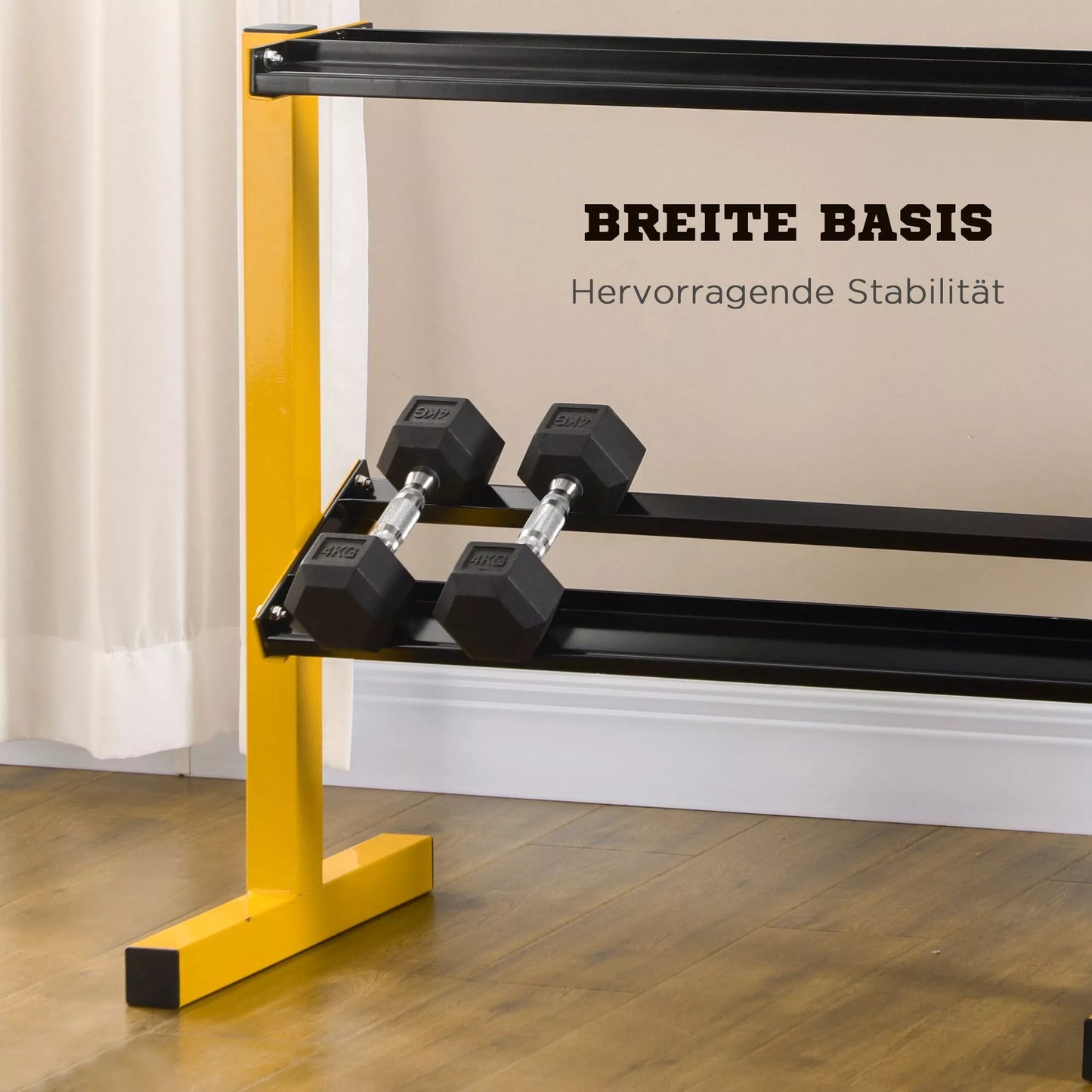 Stovas hanteliams iki 270 kg, su 2 lentynomis, plieniniu rėmu, geltonas, 92,5 x 50,5 x 80,5 cm