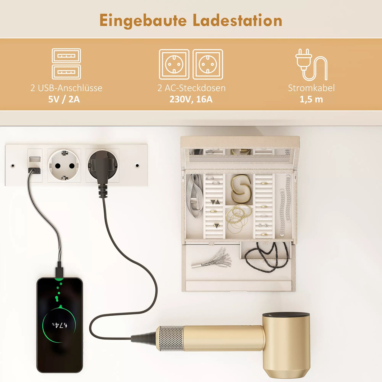 Balto spalvos makiažo staliukas su reguliuojamu LED veidrodžiu, elektros lizdais, 6 stalčiais ir 2 atviromis lentynomis.