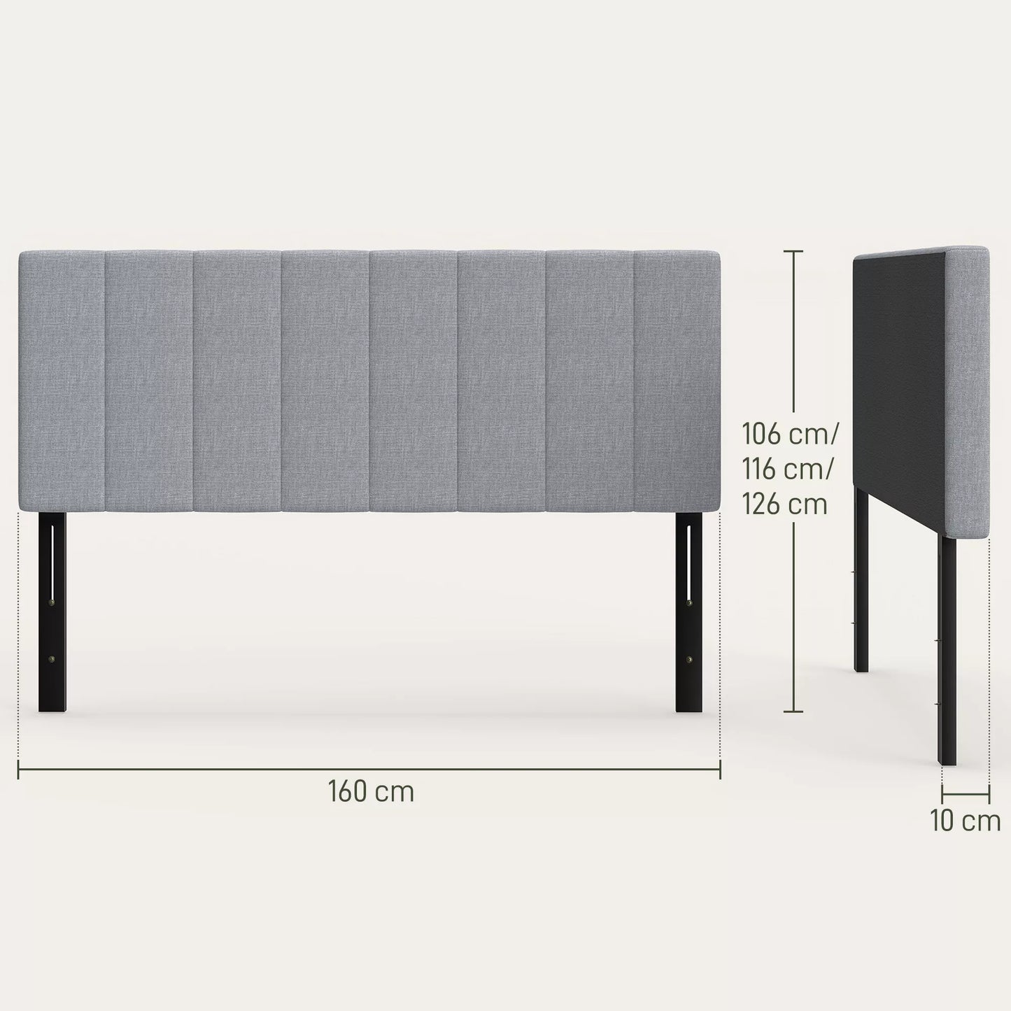 Galvūgalis, 3 pakopų aukščio reguliavimas, lovos galvūgalis su metalinėmis kojomis, lino išvaizda, miegamajam, 160x10x106/116/126 cm, pilkos spalvos
