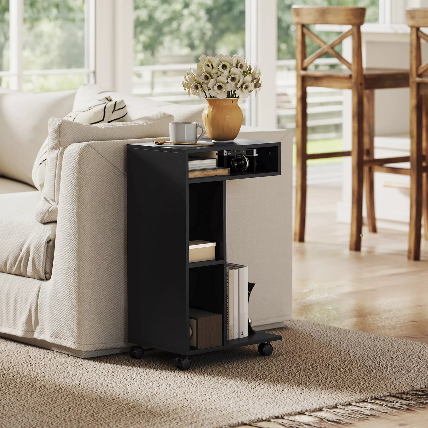 Stalinis staliukas, C formos serviravimo vežimėlis, 4 ratukai, 3 lentynos, 40 x 30 x 69 cm, juodas