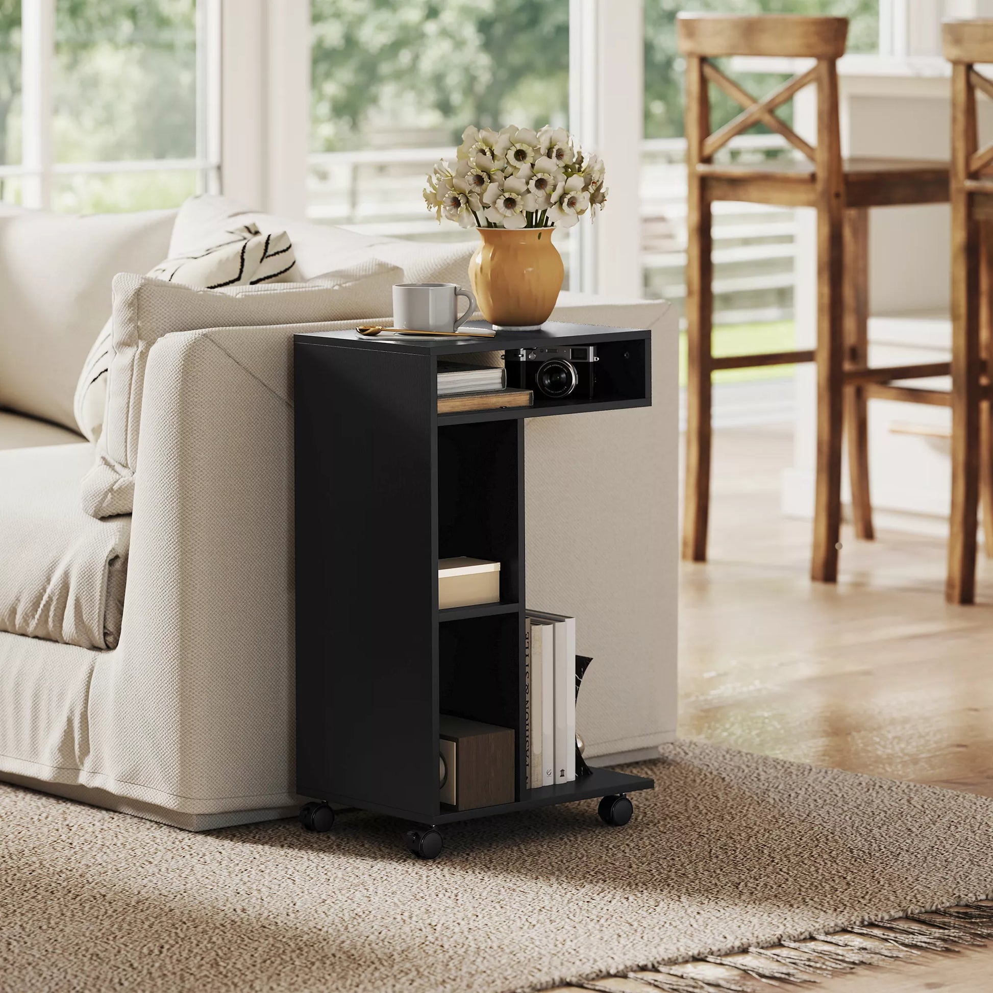 Stalinis staliukas, C formos serviravimo vežimėlis, 4 ratukai, 3 lentynos, 40 x 30 x 69 cm, juodas