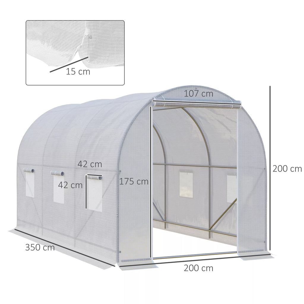 Šiltnamis 350x200x200cm Plėvelinis šiltnamis Pomidorų namelis su durimis, langu, plėvelinis tunelis iš cinkuoto plieno, augalų tunelis, šiltnamis su žemės inkarais ir virvėmis, sodo tunelis, baltas