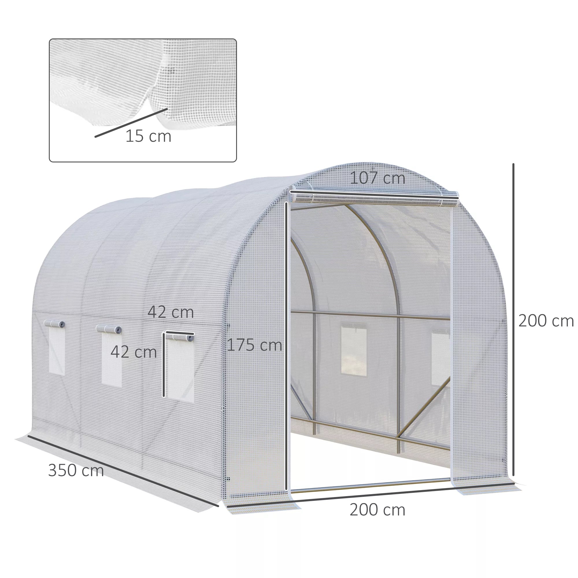 Šiltnamis 350x200x200cm Plėvelinis šiltnamis Pomidorų namelis su durimis, langu, plėvelinis tunelis iš cinkuoto plieno, augalų tunelis, šiltnamis su žemės inkarais ir virvėmis, sodo tunelis, baltas
