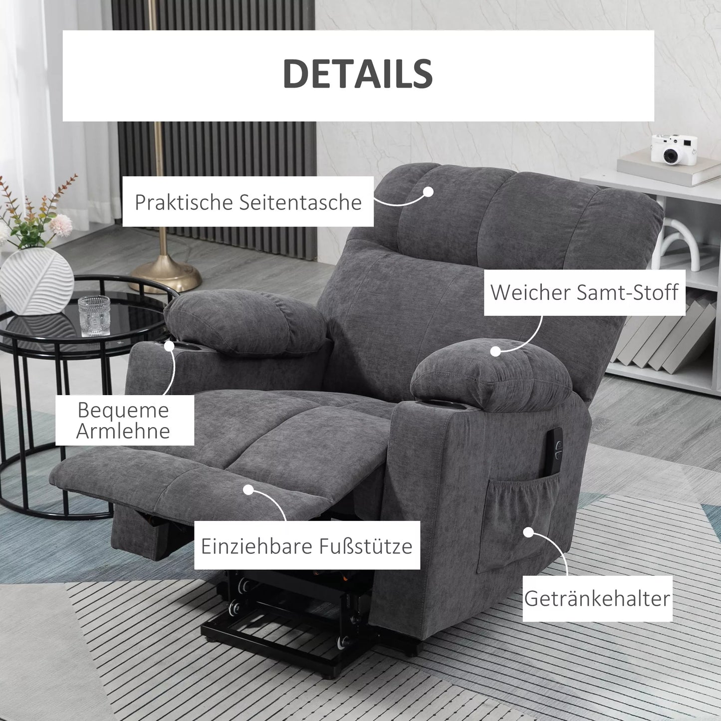 Senjorų fotelis su atsisėdimo/atsistojimo funkcija, reguliuojama atlošo padėtis, komplekte su pulteliu, 144 cm x 91 cm x 88 cm, tamsiai pilkos spalvos